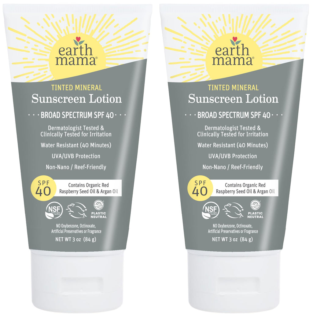 Earth Mama Tinted Mineral Sunscreen Lotion SPF 40 – 2-Pack with Organic Argan & Red Raspberry Seed Oil