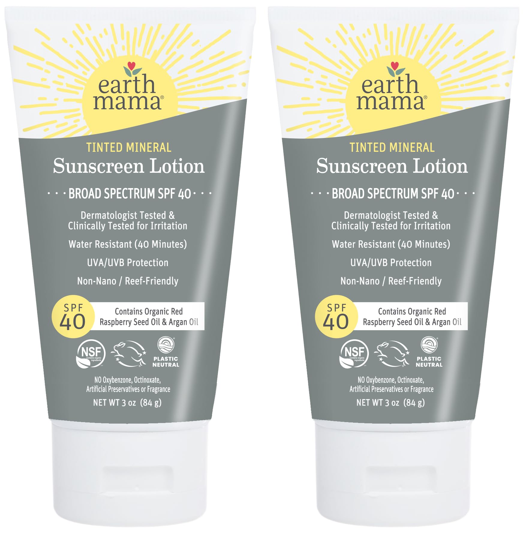 Earth Mama Tinted Mineral Sunscreen Lotion SPF 40 – 2-Pack with Organic Argan & Red Raspberry Seed Oil