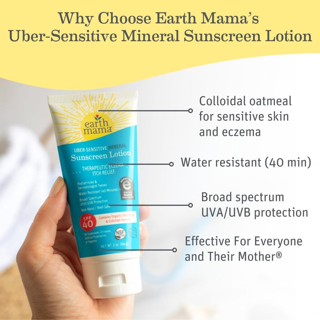 Earth Mama Uber-Sensitive Mineral Sunscreen Lotion SPF 40 | Non-Nano Zinc, Organic Oatmeal, 3oz 2-Pack