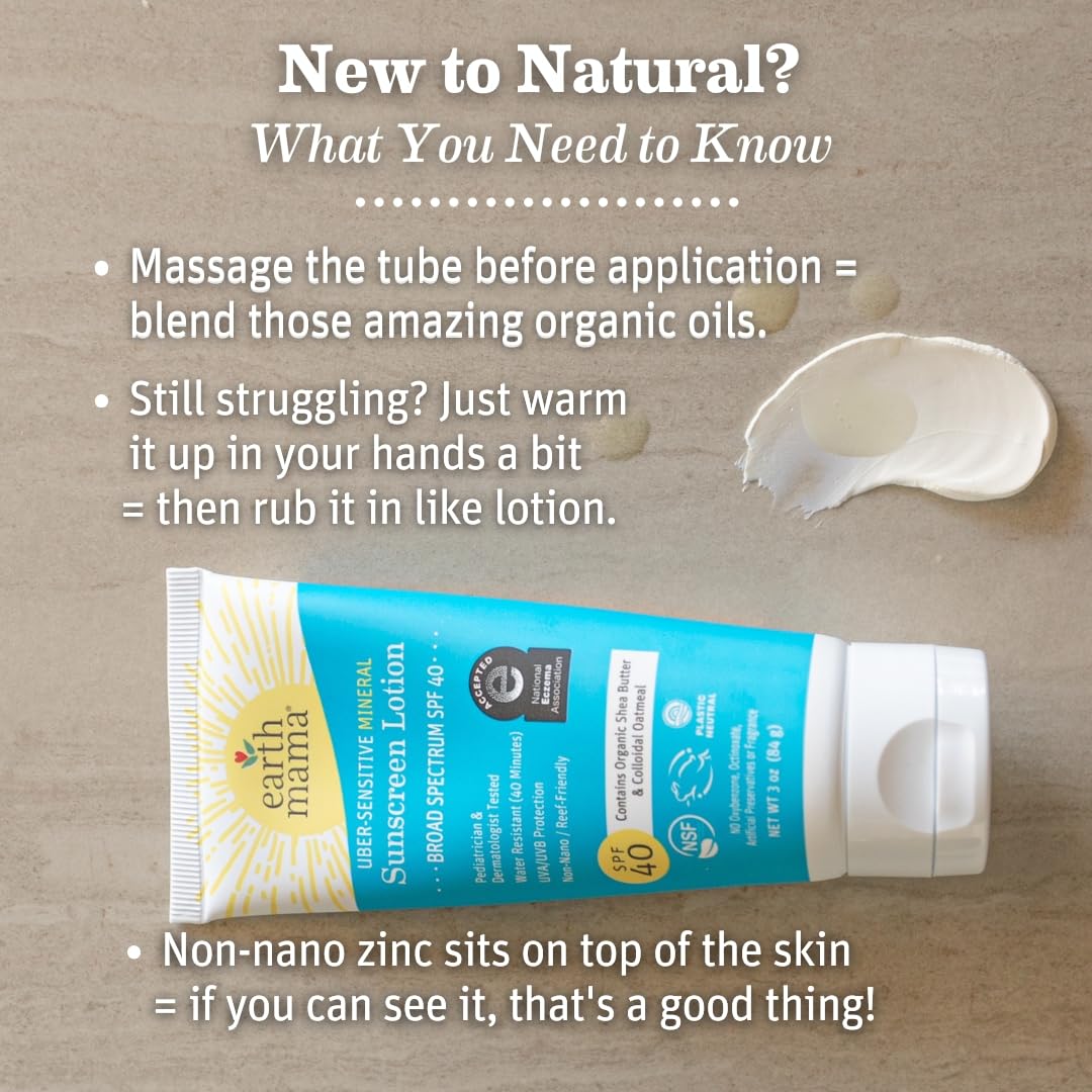 Earth Mama Uber-Sensitive Mineral Sunscreen Lotion SPF 40 | Non-Nano Zinc, Organic Oatmeal, 3oz 2-Pack