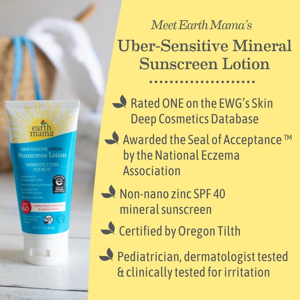 Earth Mama Uber-Sensitive Mineral Sunscreen Lotion SPF 40 | Non-Nano Zinc, Organic Oatmeal, 3oz 2-Pack