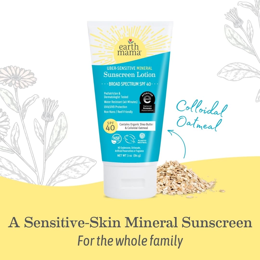 Earth Mama Uber-Sensitive Mineral Sunscreen Lotion SPF 40 - Non-Nano Zinc, Organic Colloidal Oatmeal, 3-Ounce