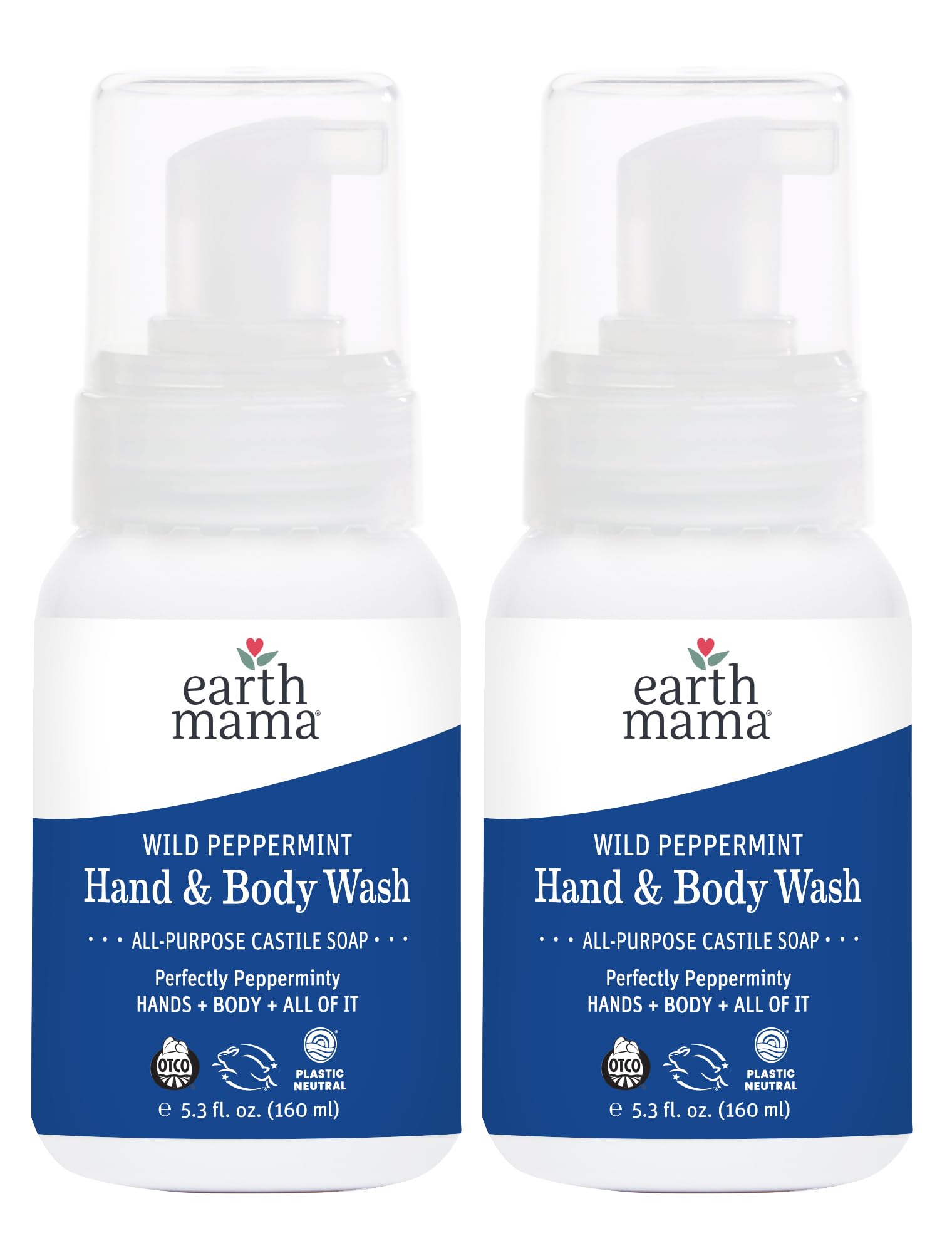 Earth Mama Wild Peppermint Hand & Body Wash | Foaming Castile Soap with Organic Mint & Peppermint Oil | 5.3 fl oz (2-Pack)