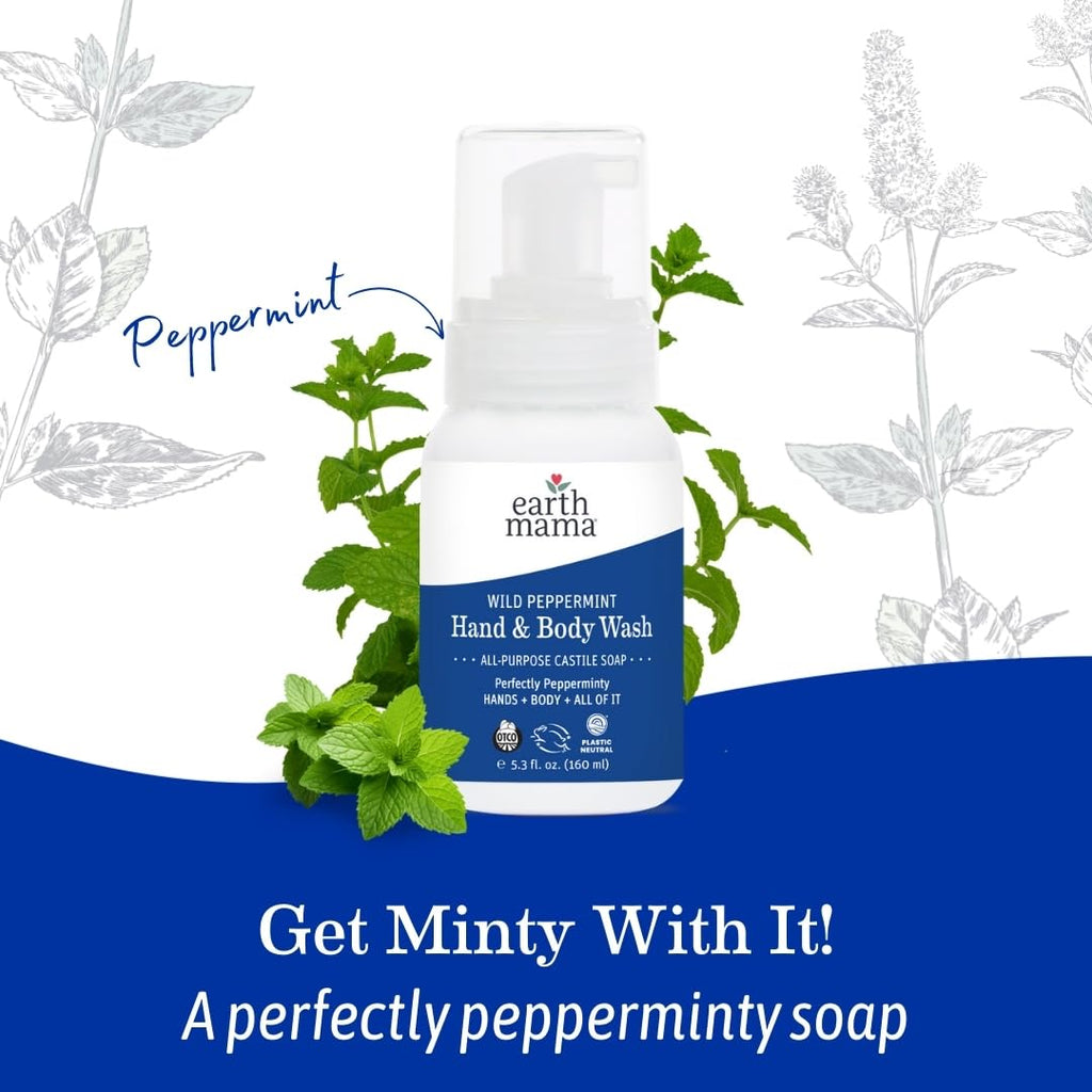 Earth Mama Wild Peppermint Hand & Body Wash | Foaming Castile Soap with Organic Mint & Peppermint Oil | 5.3 fl oz (2-Pack)