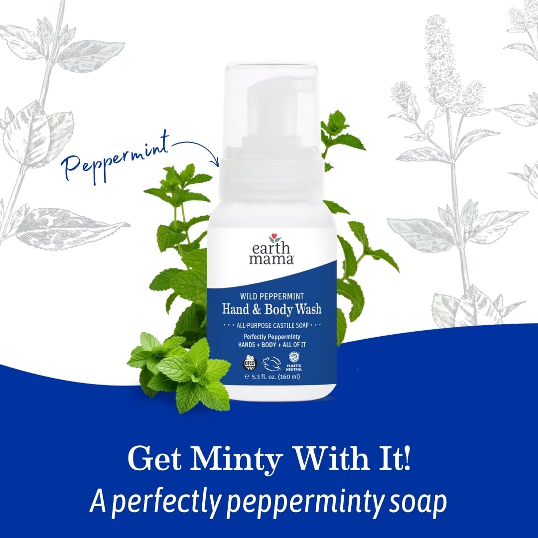 Earth Mama Wild Peppermint Hand & Body Wash | Foaming Castile Soap with Organic Mint & Peppermint Oil | 5.3 fl oz (2-Pack)