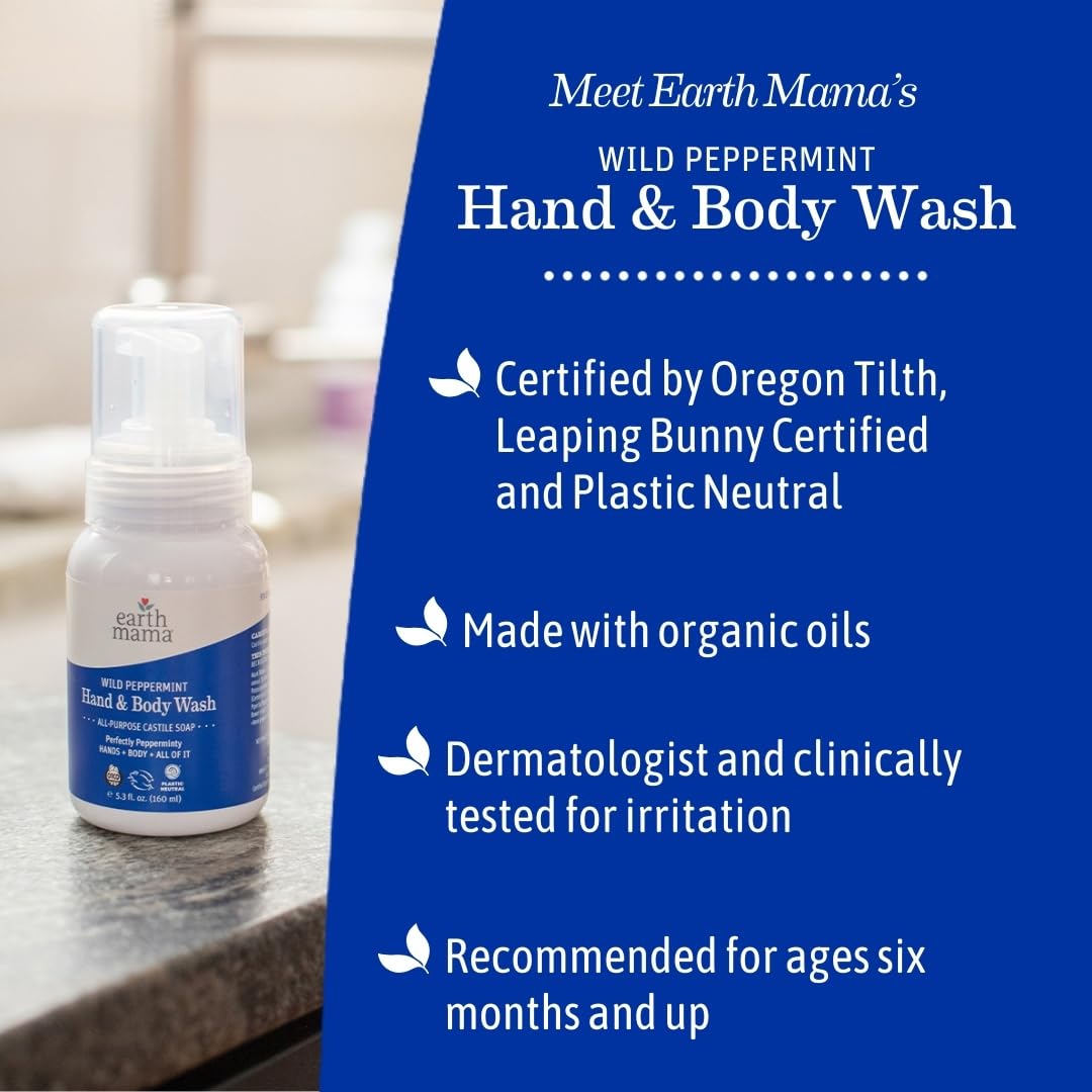 Earth Mama Wild Peppermint Hand & Body Wash | Foaming Castile Soap, 34 oz (2-Pack)