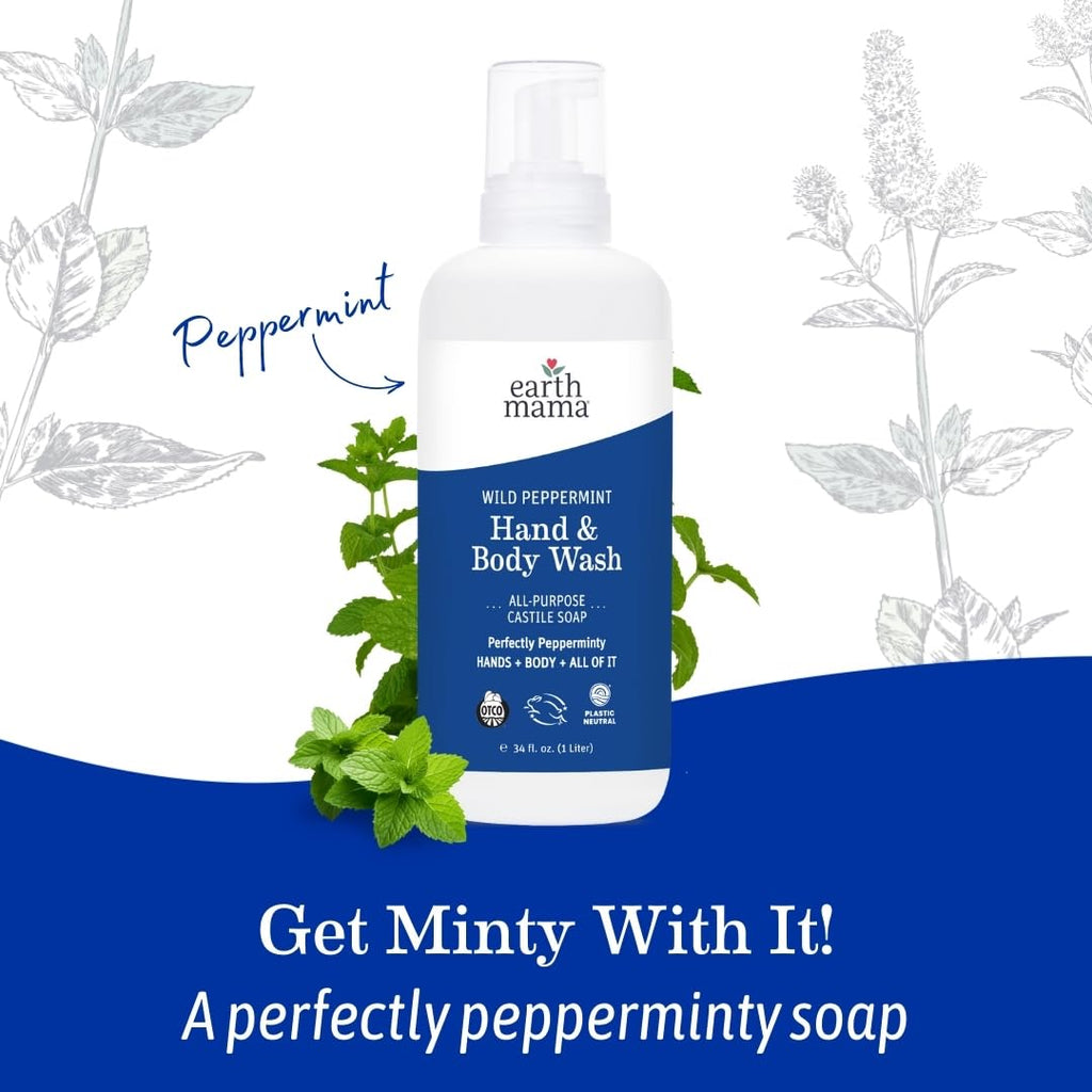 Earth Mama Wild Peppermint Hand and Body Wash – Foaming Castile Soap with Organic Peppermint & Coconut Oil (34 fl oz)