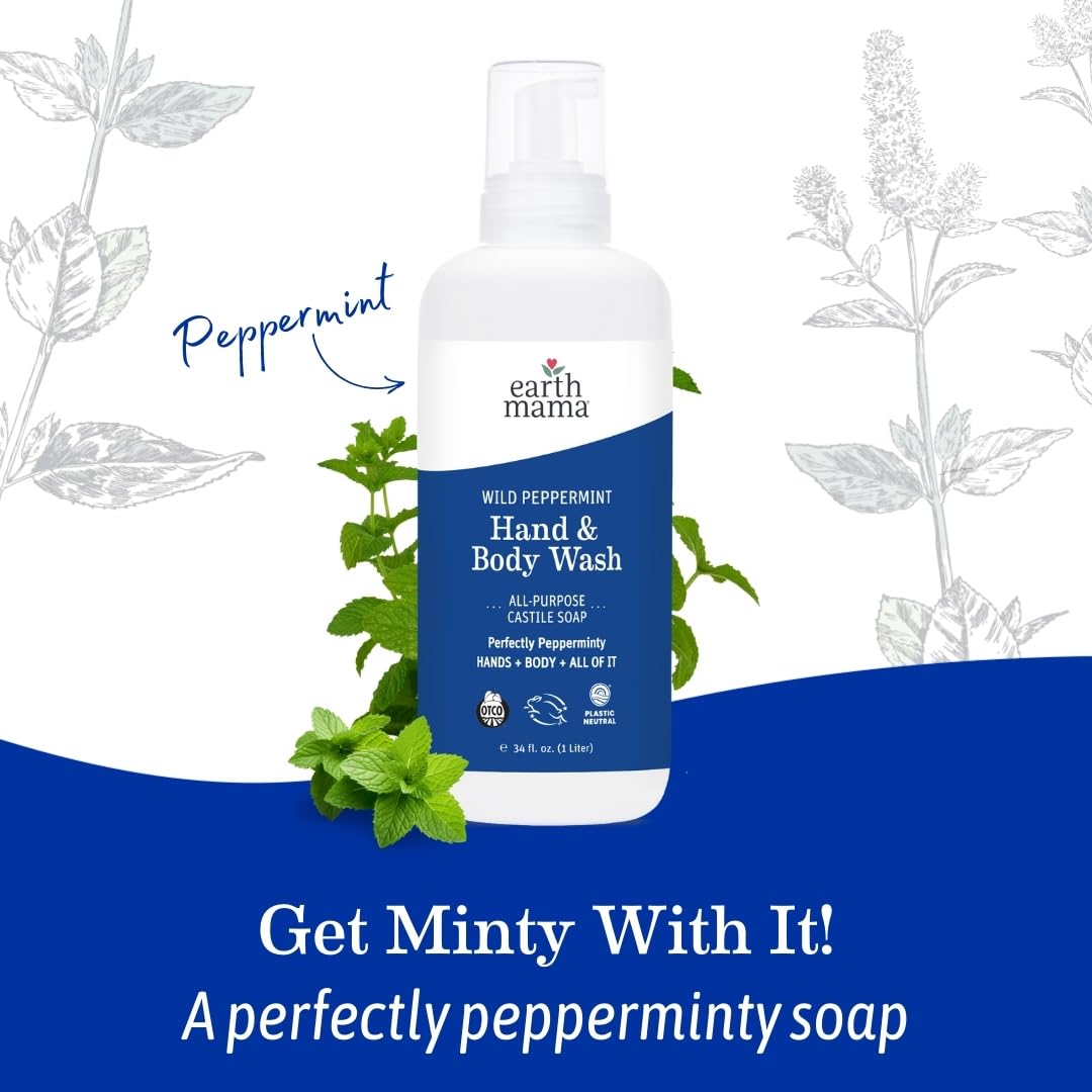 Earth Mama Wild Peppermint Hand and Body Wash – Foaming Castile Soap with Organic Peppermint & Coconut Oil (34 fl oz)