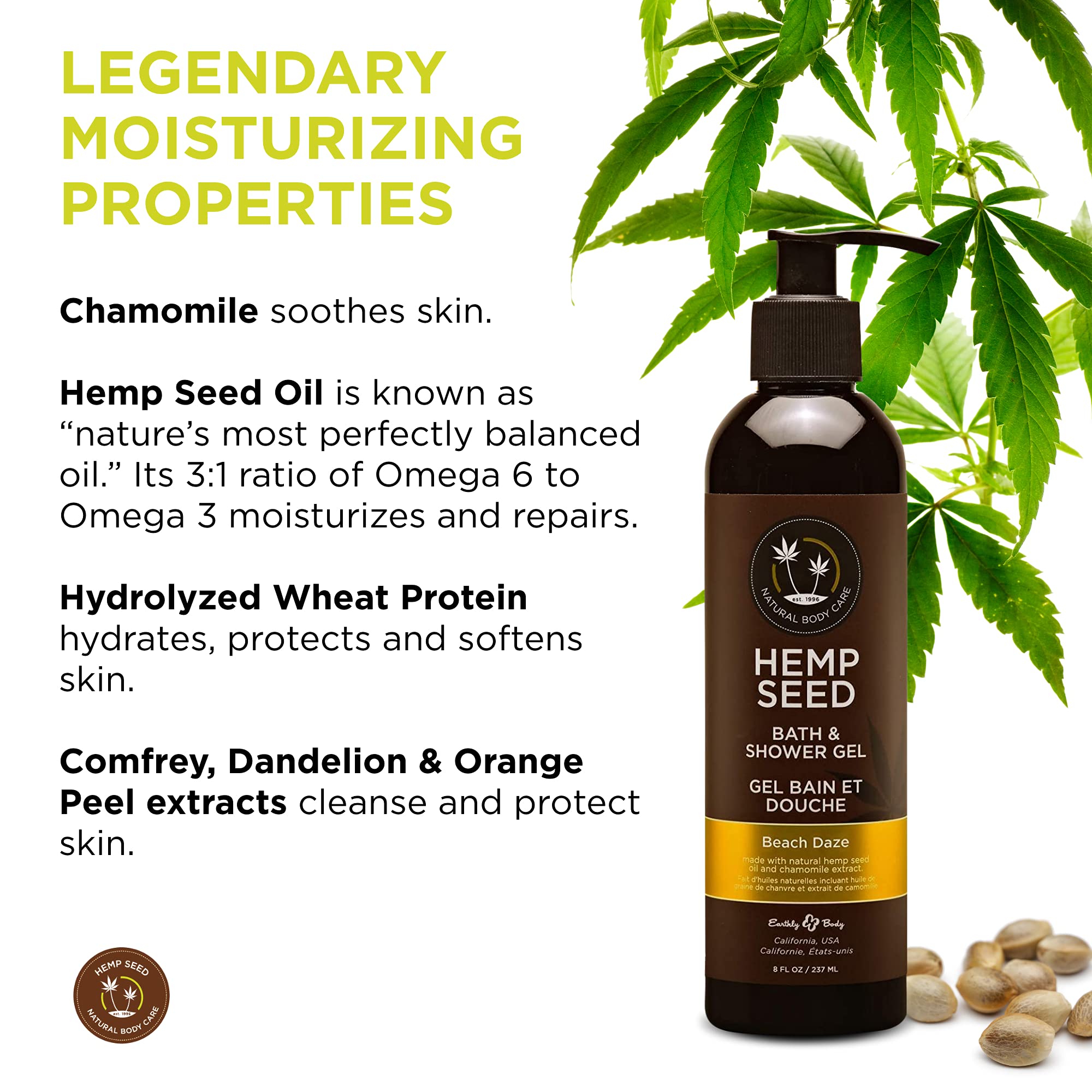 Earthly Body Hemp Seed Bath & Shower Gel – Beach Daze Scent, 8 oz | Vegan & Cruelty-Free