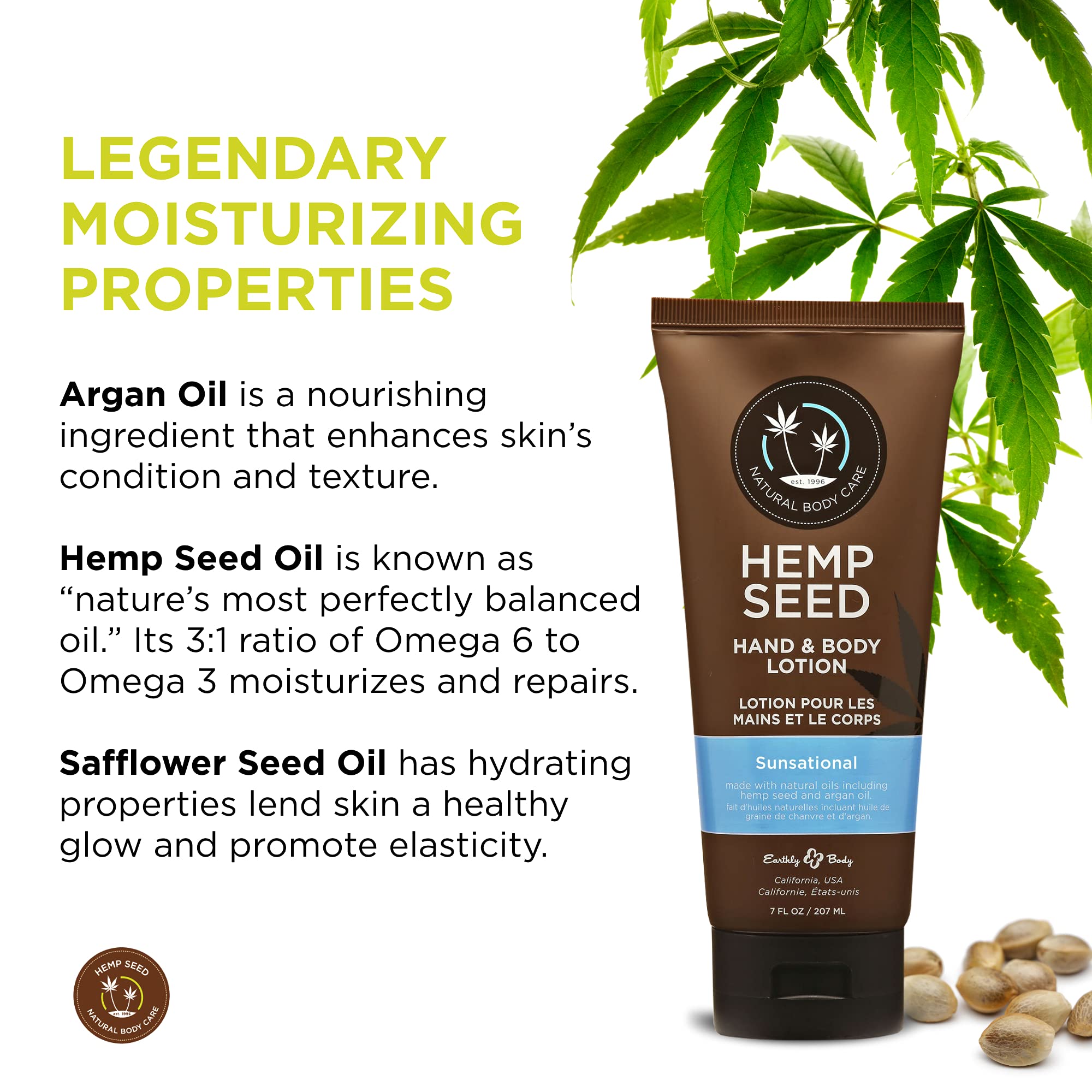 Earthly Body Hemp Seed Hand & Body Lotion, Sunsational Scent – 7 oz | Light, Non-Greasy, Vegan