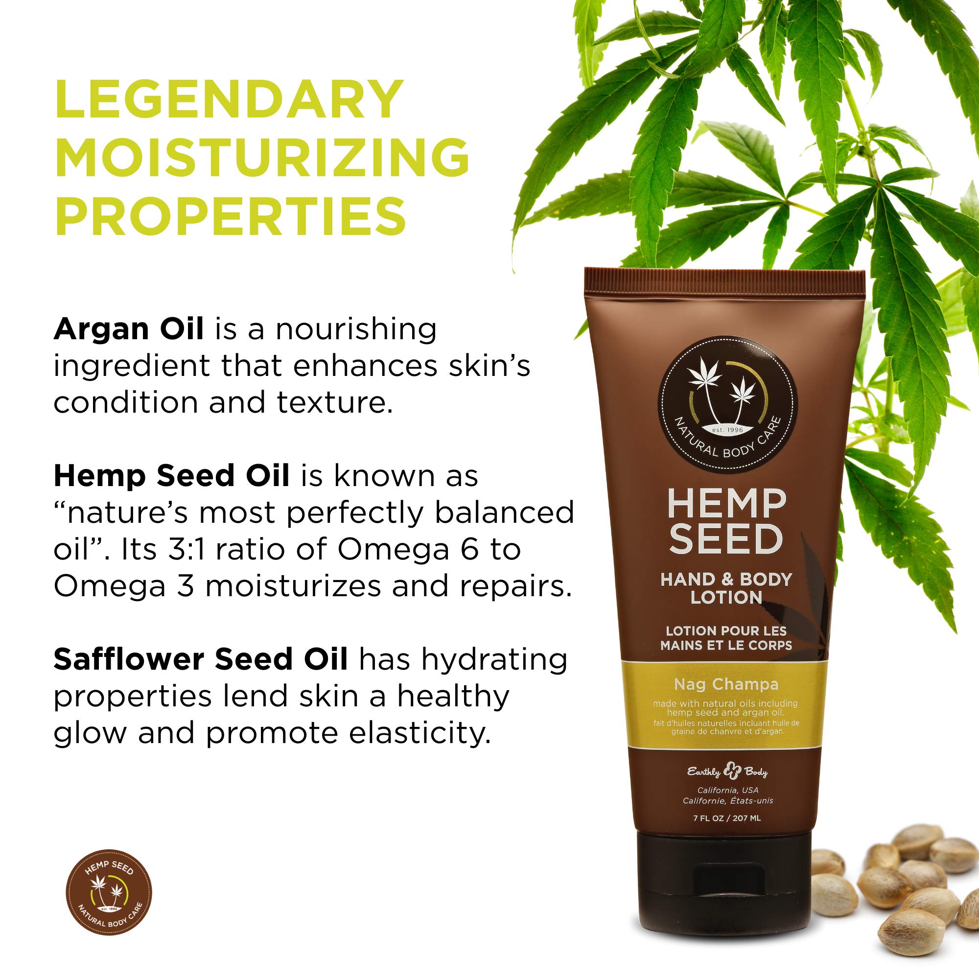Earthly Body Hemp Seed Hand & Body Lotion with Nag Champa – 7 Fl Oz – Lightweight, Vegan
