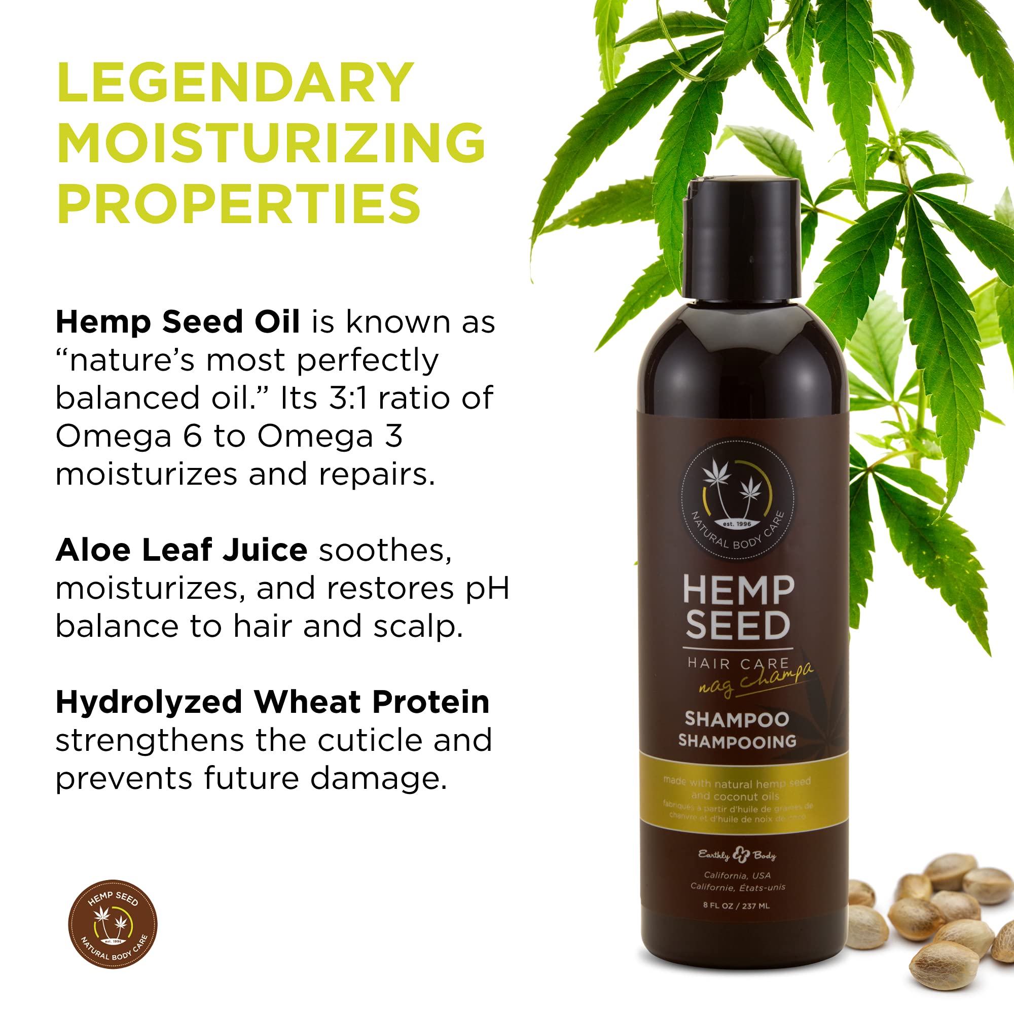 Earthly Body Hemp Seed Shampoo – Nag Champa, 8 oz | Sulfate-Free, Coconut Oil, Vegan & Cruelty-Free