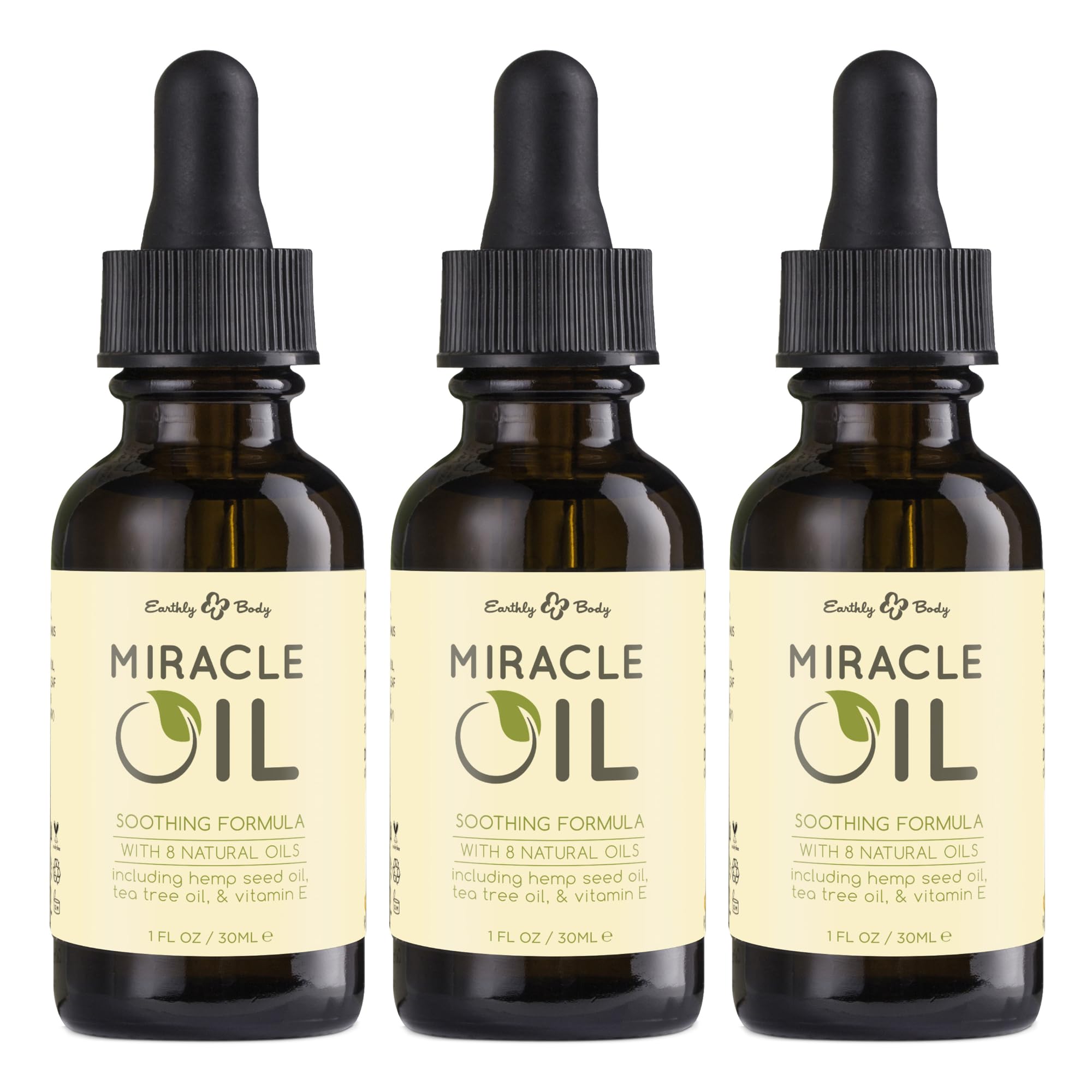 Earthly Body Miracle Oil 3-Pack – 100% Natural Tea Tree & Hemp Seed Oils
