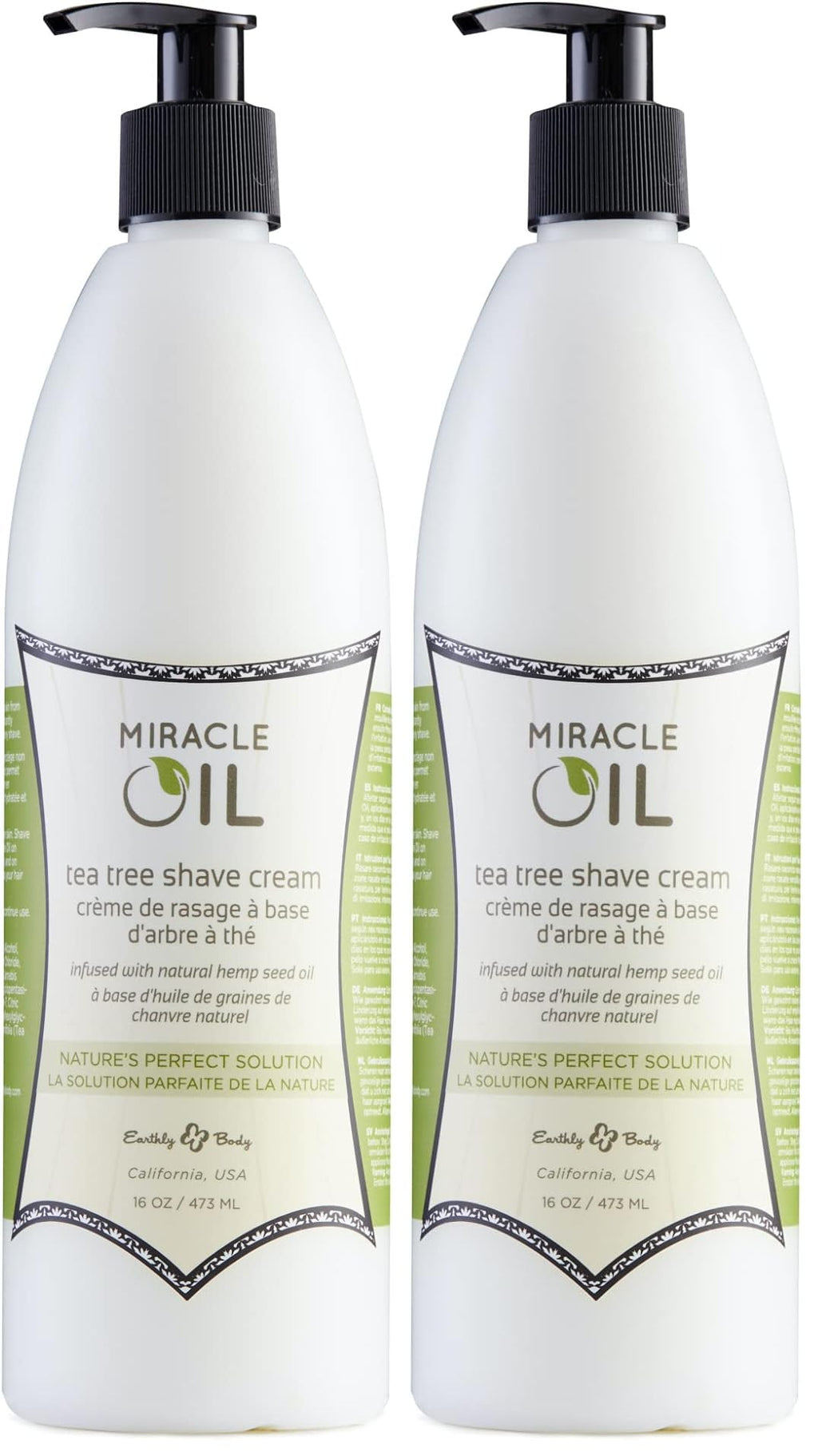 Earthly Body Miracle Oil Shave Cream (Pack of 2) – 16 oz each | Tea Tree, Hemp Seed & Argan Oils | Vegan & Cruelty-Free