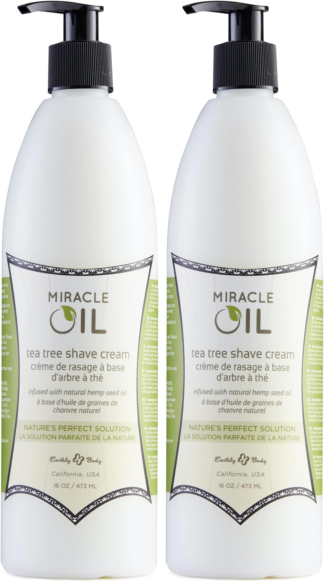 Earthly Body Miracle Oil Shave Cream (Pack of 2) – 16 oz each | Tea Tree, Hemp Seed & Argan Oils | Vegan & Cruelty-Free
