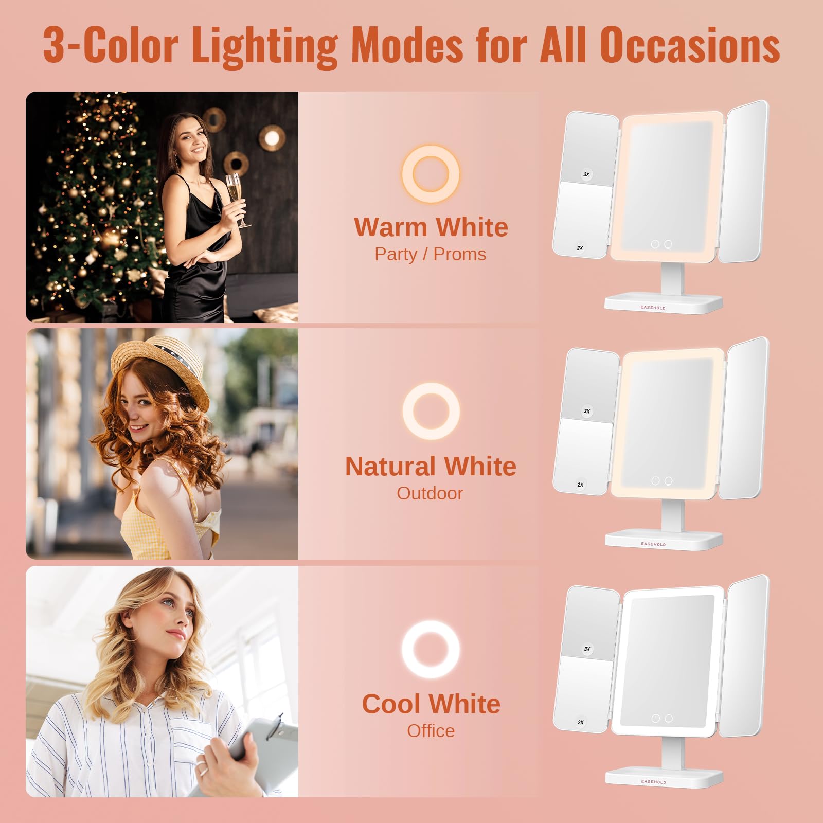EASEHOLD Lighted Makeup Mirror with 3X Magnification, 3 Color Lights, Touch Sensor – Rechargeable Trifold Vanity