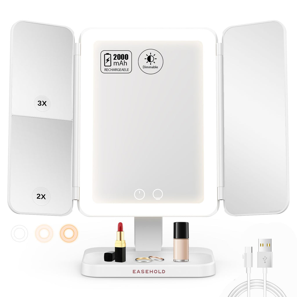 EASEHOLD Lighted Makeup Mirror with 3X Magnification, 3 Color Lights, Touch Sensor – Rechargeable Trifold Vanity