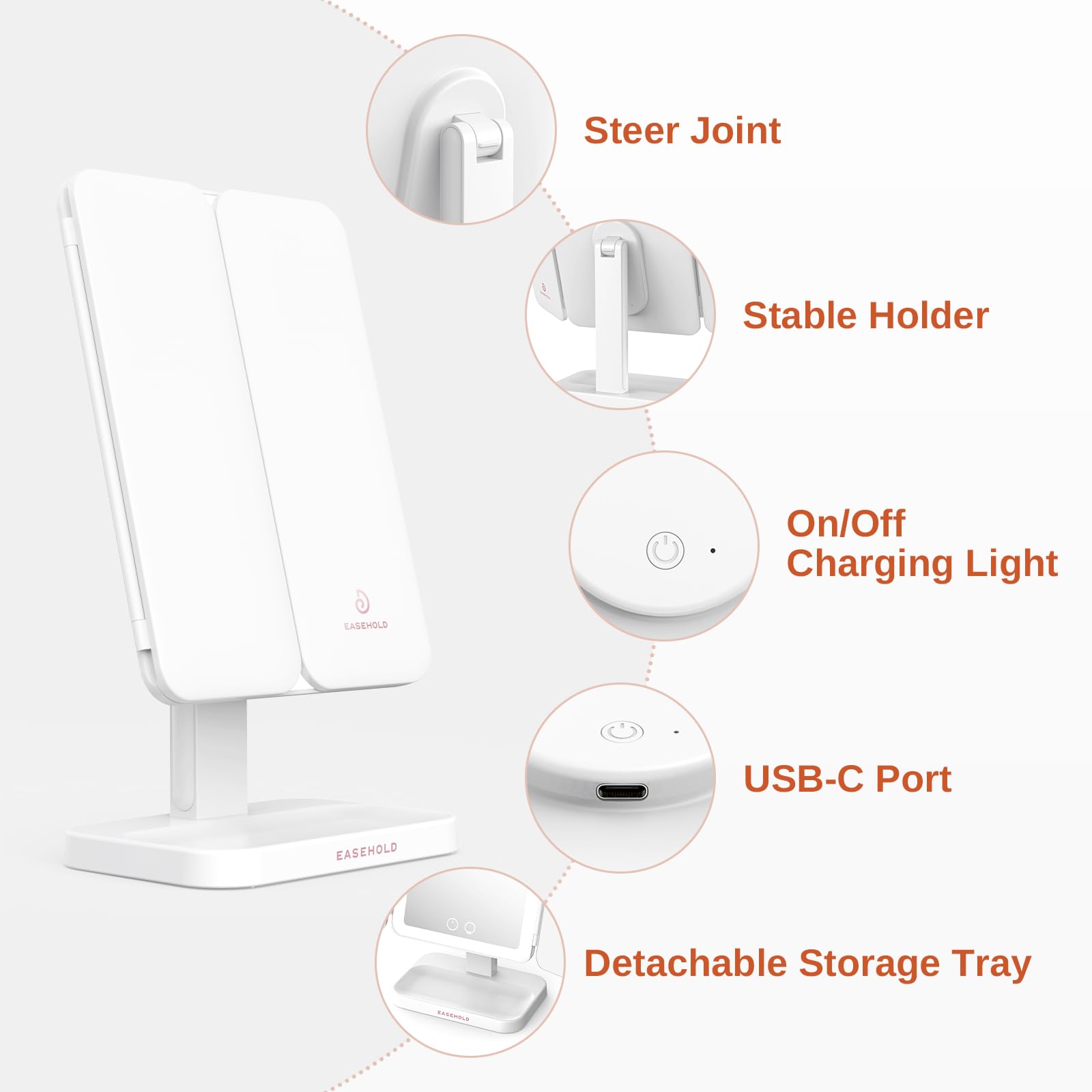 EASEHOLD Lighted Makeup Mirror with 3X Magnification, 3 Color Lights, Touch Sensor – Rechargeable Trifold Vanity