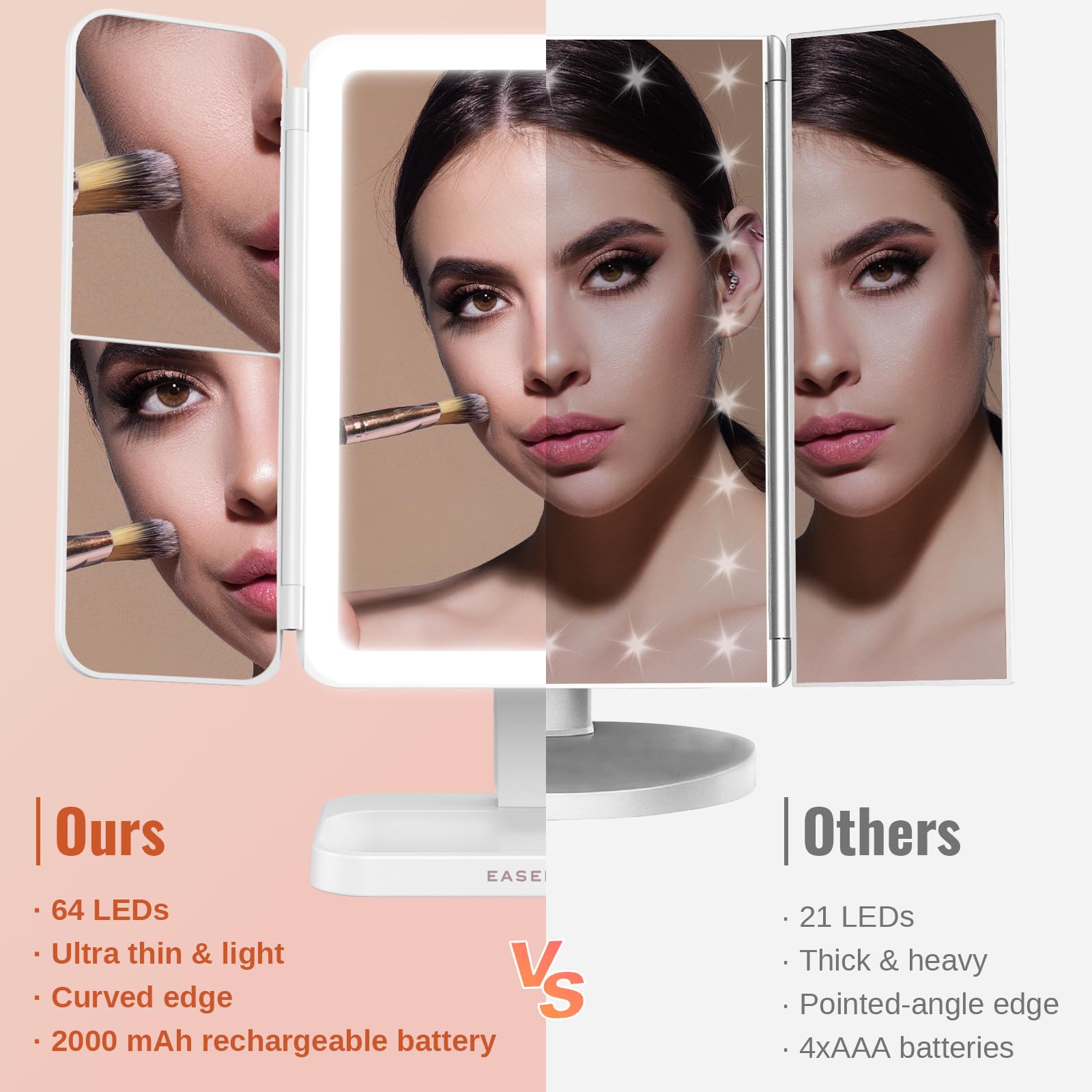 EASEHOLD Lighted Makeup Mirror with 3X Magnification, 3 Color Lights, Touch Sensor – Rechargeable Trifold Vanity