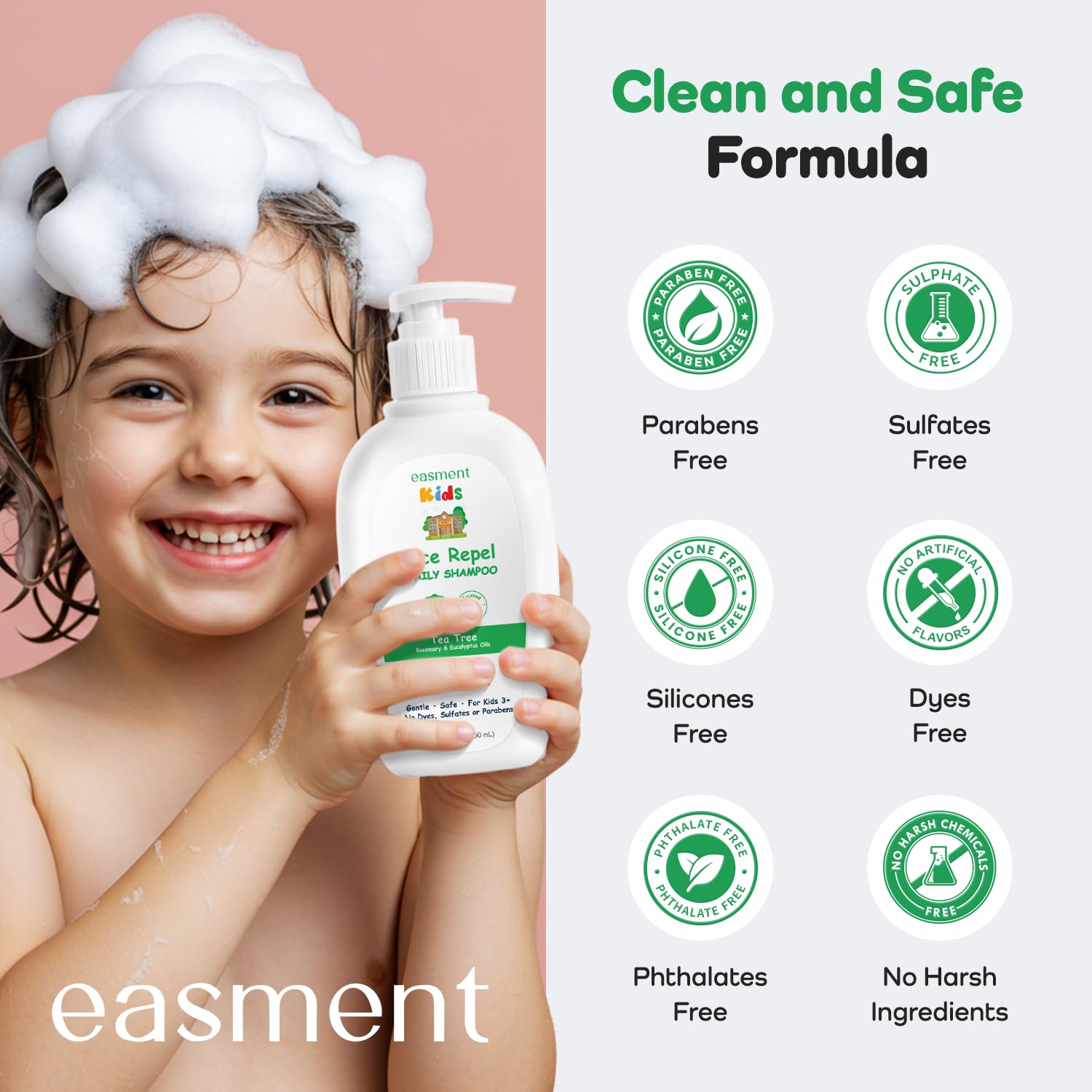 Easment Lice Shampoo & Comb Kit for Kids — Tea Tree & Rosemary Oils, Pump Bottle, 3+