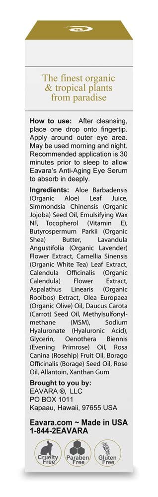 Eavara Organic Anti Aging Eye Cream for Dark Circles & Puffiness – Hyaluronic Acid, Jojoba Oil, Aloe Vera, 1.0 oz