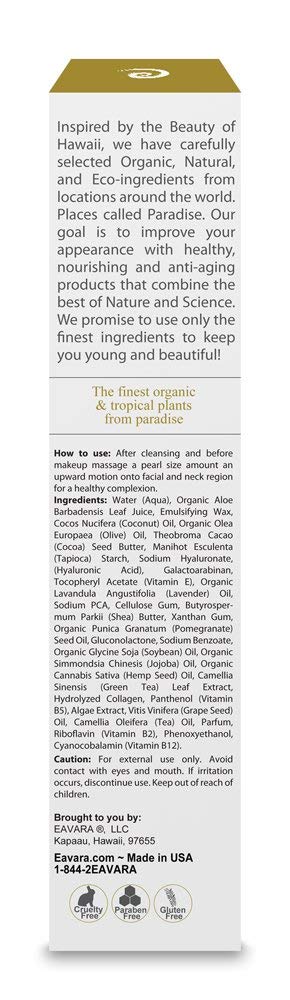 Eavara Organic Face Moisturizer with Collagen Peptides, Hyaluronic Acid, Shea Butter & Jojoba Oil | Paraben Free