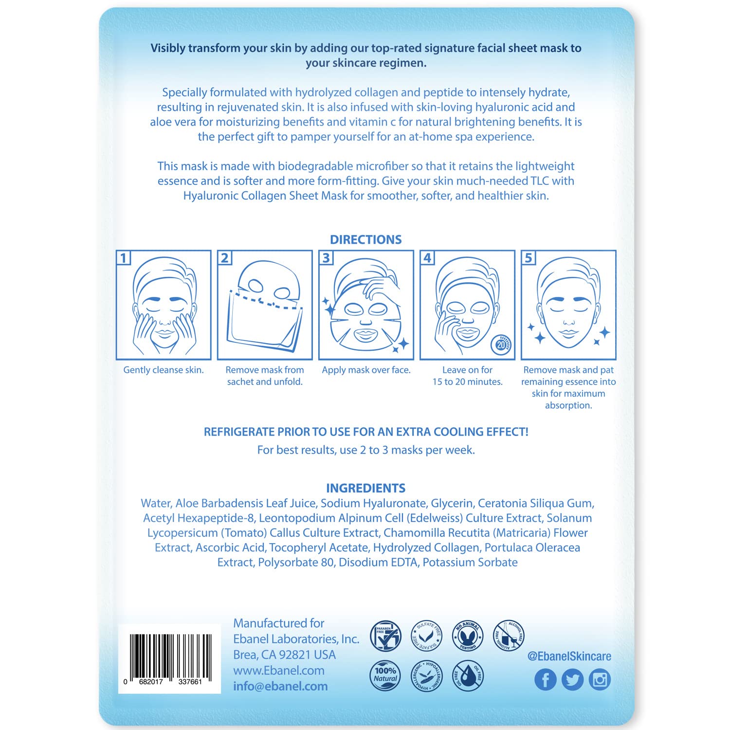 Ebanel 40 Pack Collagen Mask with Hyaluronic Acid, Vitamin C & Peptide | Hydrating Korean Sheet Mask