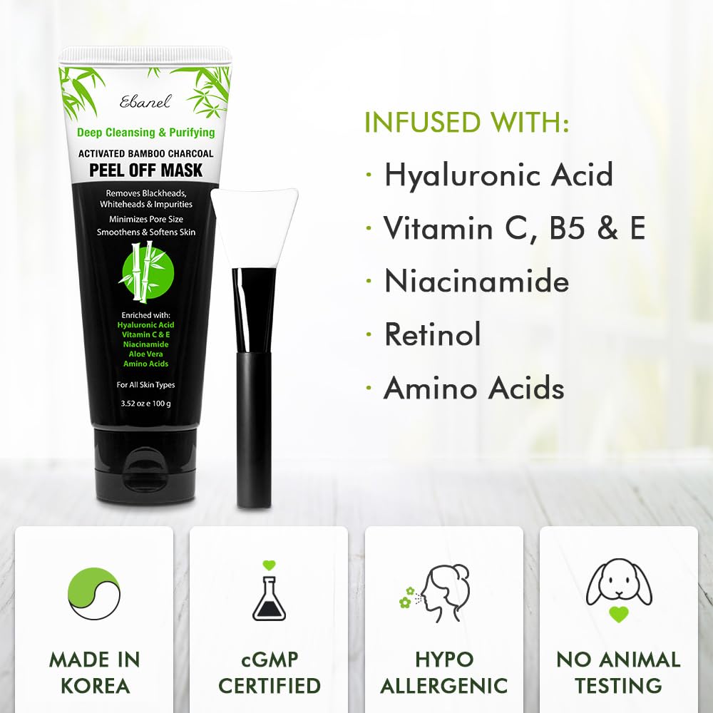 Ebanel Charcoal Peel-Off Mask Set – Deep Pore Cleansing with Niacinamide, Vitamin C & Hyaluronic Acid