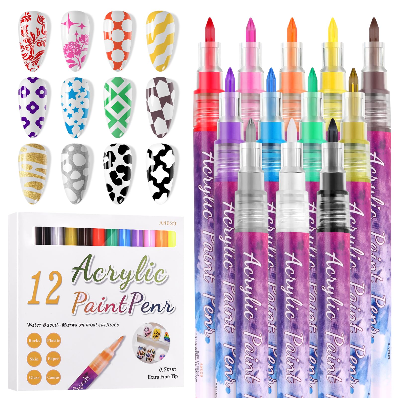 EBANKU 12 Colors Nail Art Pens – 0.7mm Quick-Dry 3D Graffiti