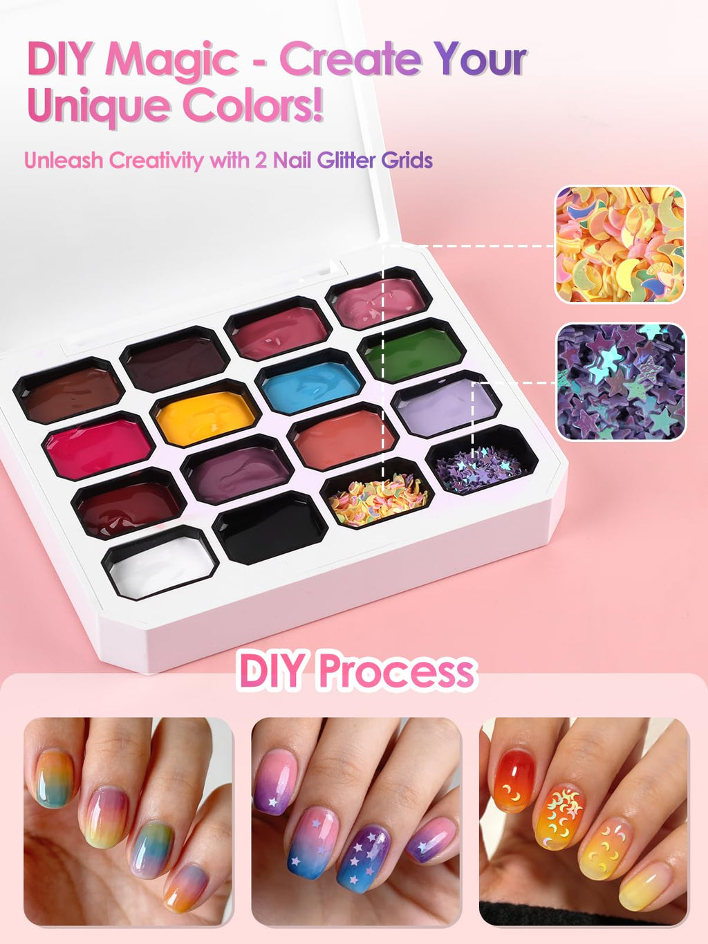 EBANKU Pat Pat Gel Kit – 14-Color Ombre Nail Gel with Glitter Grids | DIY Nail Art Studio