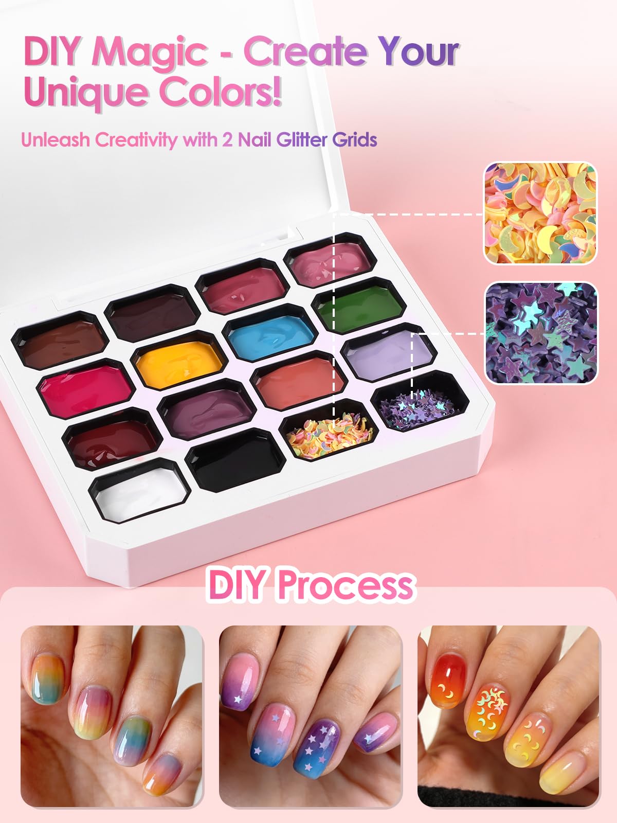 EBANKU Pat Pat Gel Kit – 14-Color Ombre Nail Gel with Glitter Grids | DIY Nail Art Studio