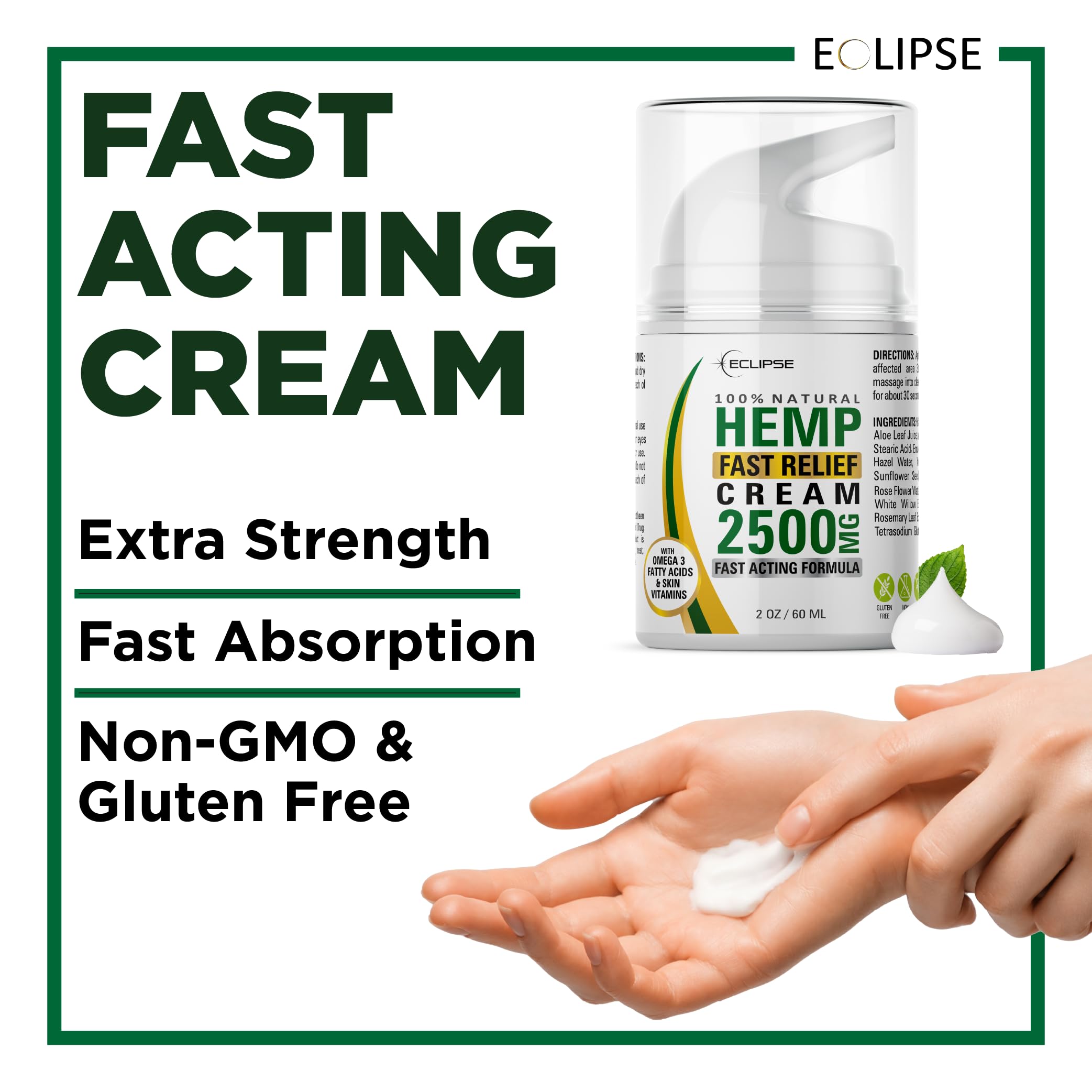 Hemp Cream by Eclipse – Non-Greasy, Targeted Long-Lasting Relief – USA-Made 2 Pack