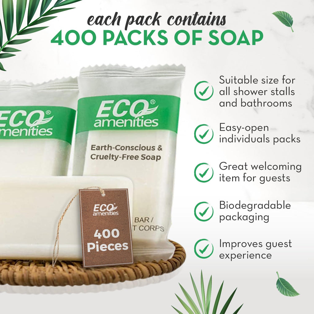 ECO amenities Travel Size Bar Soap — 400-Pack Bulk Hotel Soaps, 0.5 oz, Individually Wrapped