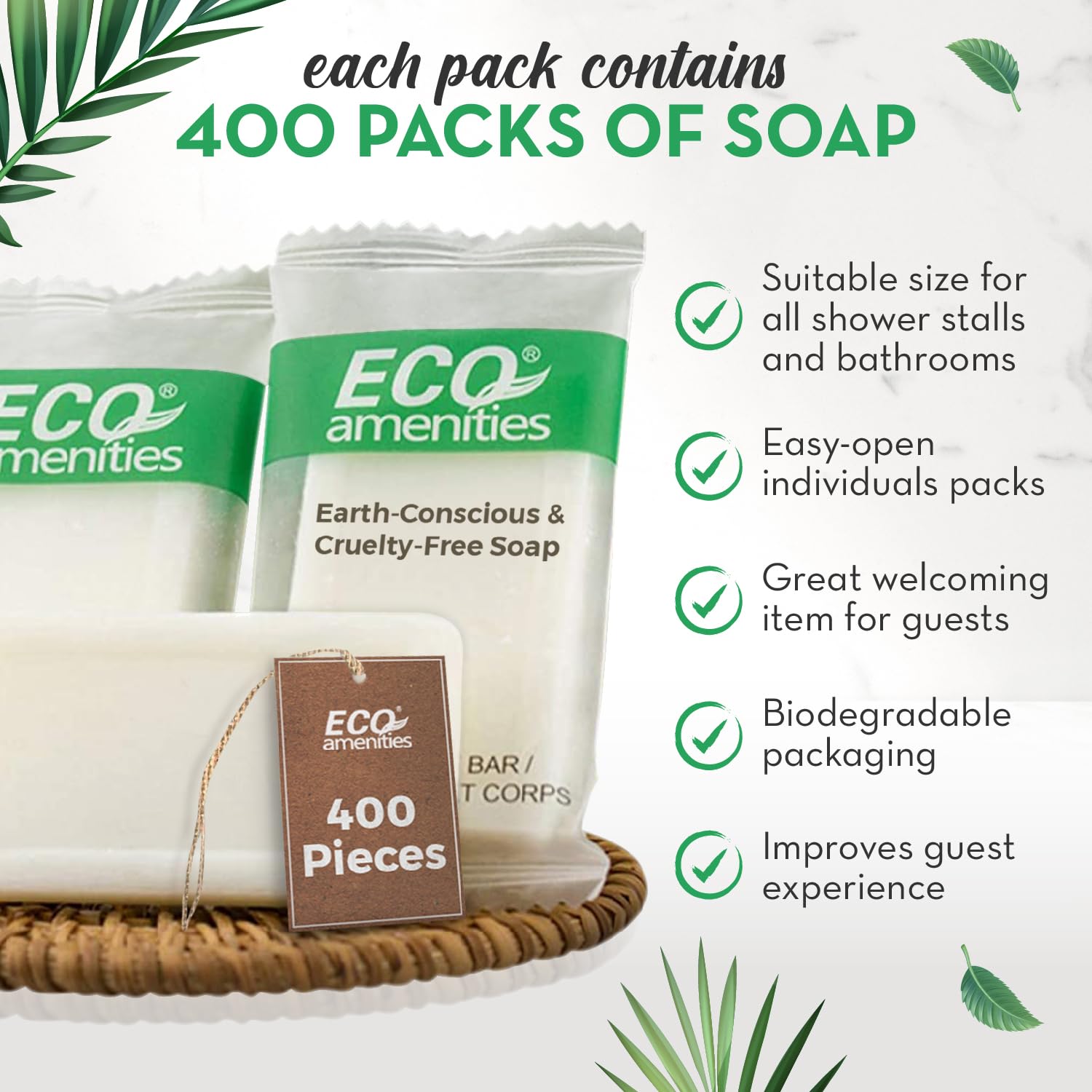 ECO amenities Travel Size Bar Soap — 400-Pack Bulk Hotel Soaps, 0.5 oz, Individually Wrapped