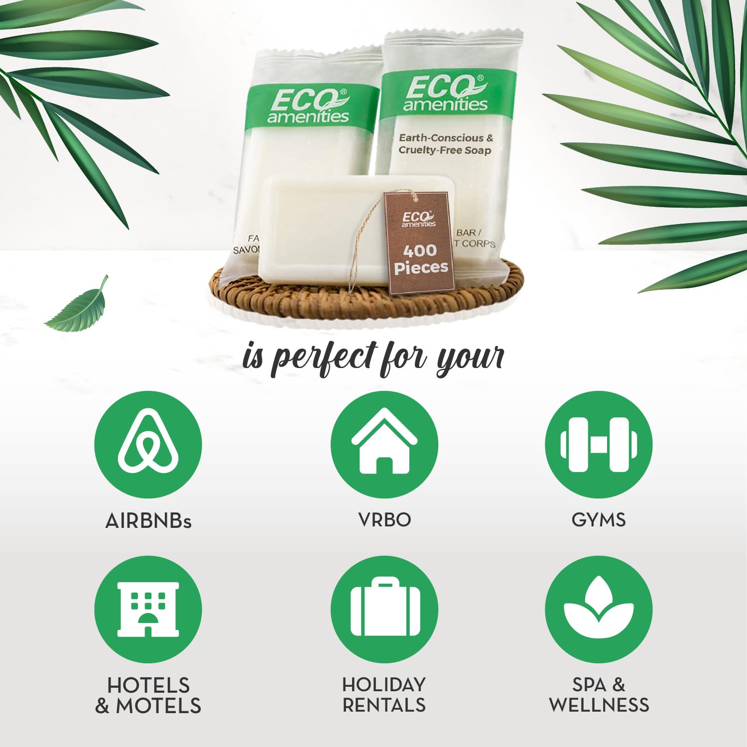 ECO amenities Travel Size Bar Soap — 400-Pack Bulk Hotel Soaps, 0.5 oz, Individually Wrapped