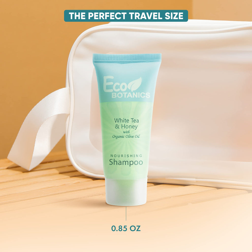 Eco Botanics Travel Size Hotel Shampoo 20 Count – Paraben-Free, White Tea Scent, Aloe Honey Olive Oil