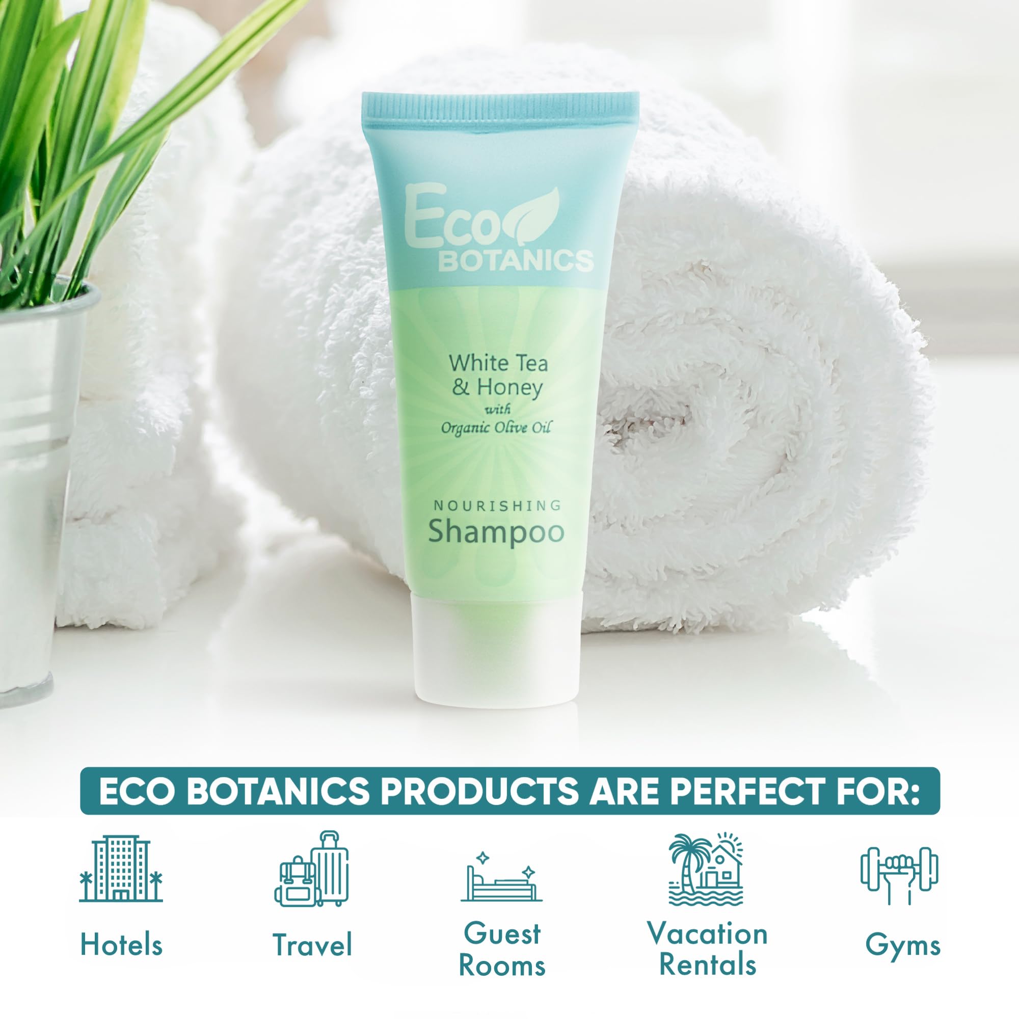 Eco Botanics Travel Size Hotel Shampoo 20 Count – Paraben-Free, White Tea Scent, Aloe Honey Olive Oil