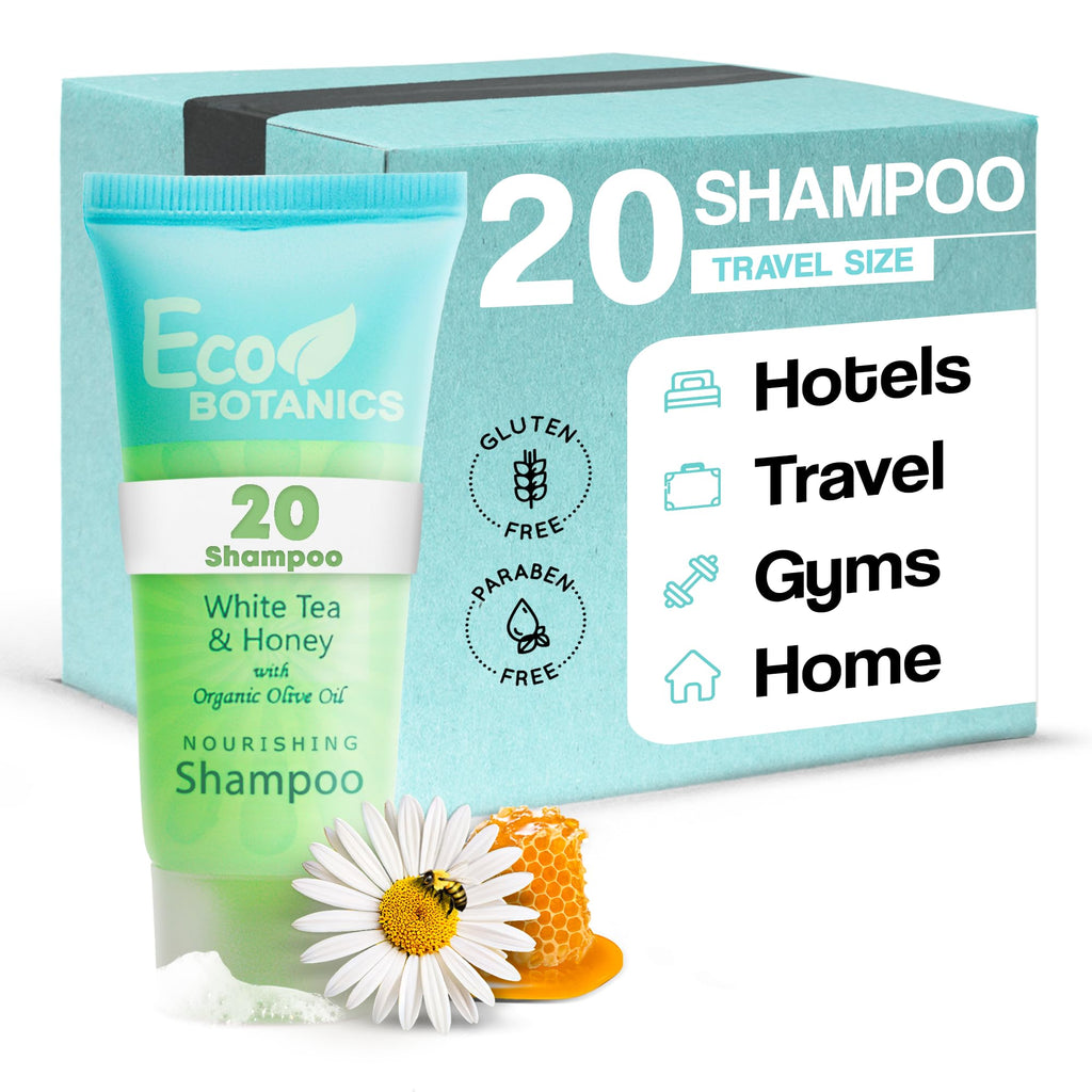 Eco Botanics Travel Size Hotel Shampoo 20 Count – Paraben-Free, White Tea Scent, Aloe Honey Olive Oil