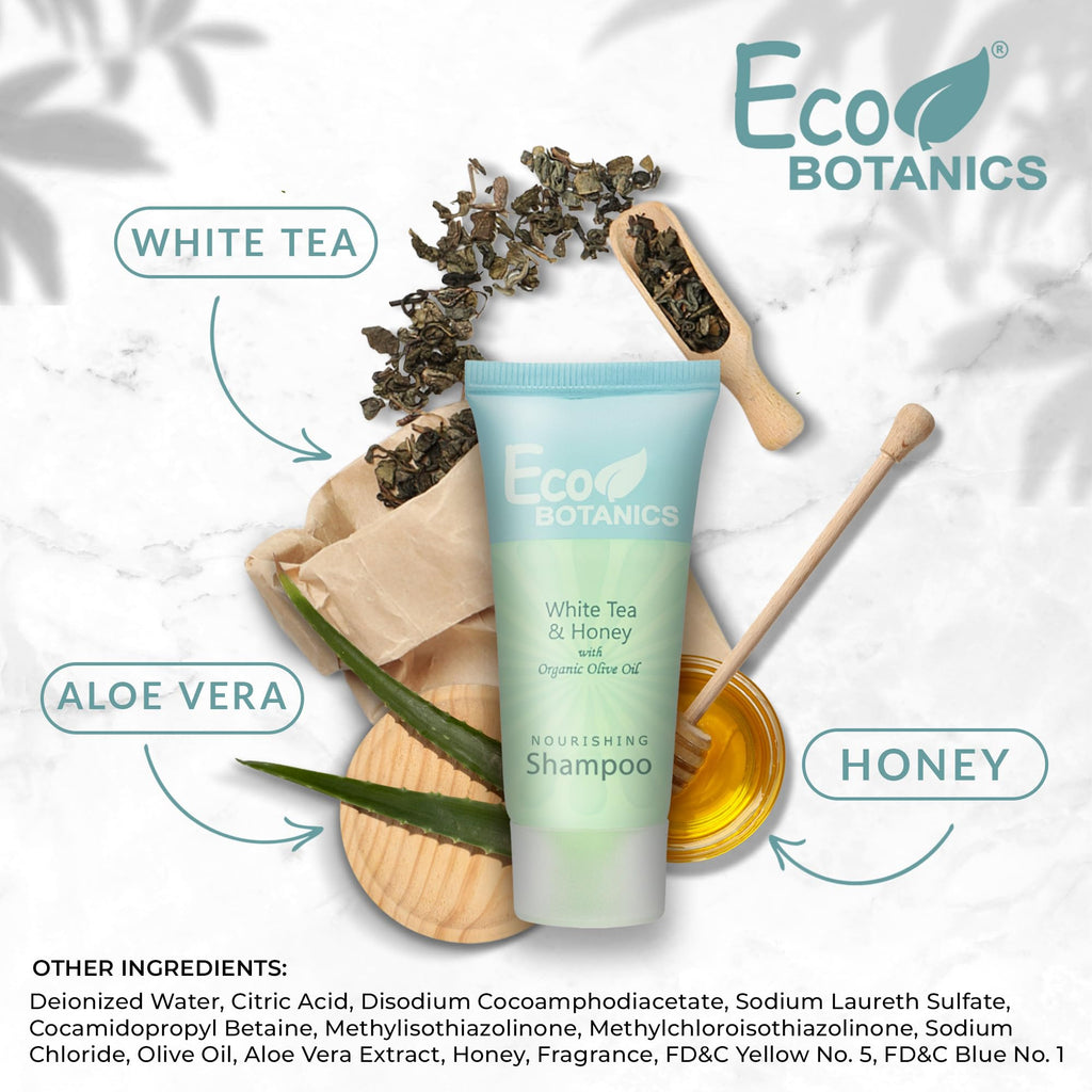 Eco Botanics Travel Size Hotel Shampoo 20 Count – Paraben-Free, White Tea Scent, Aloe Honey Olive Oil