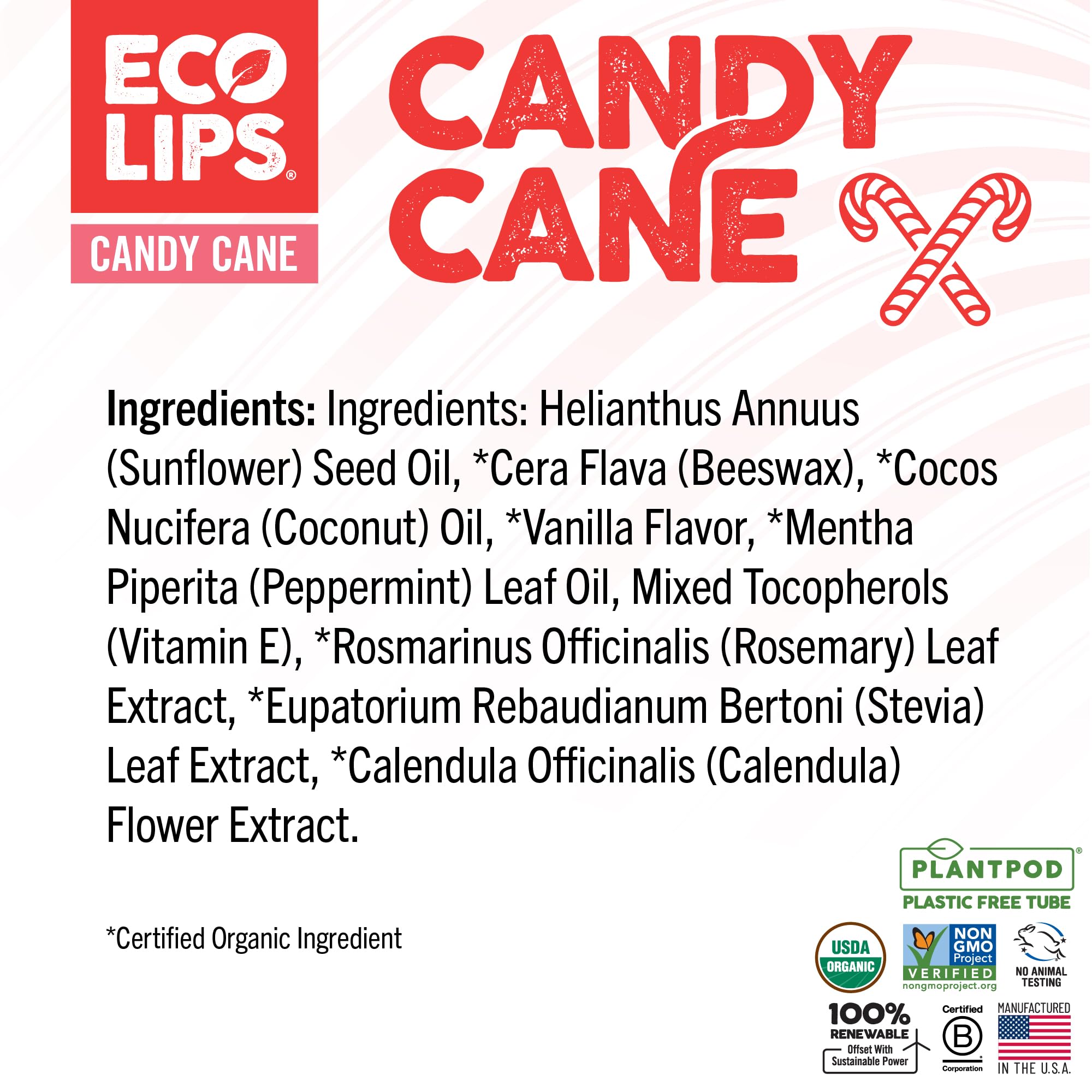 Eco Lips Candy Cane Lip Balm - Organic Coconut Oil & Sunflower Wax - Plastic-Free Plant Pod - Made in USA