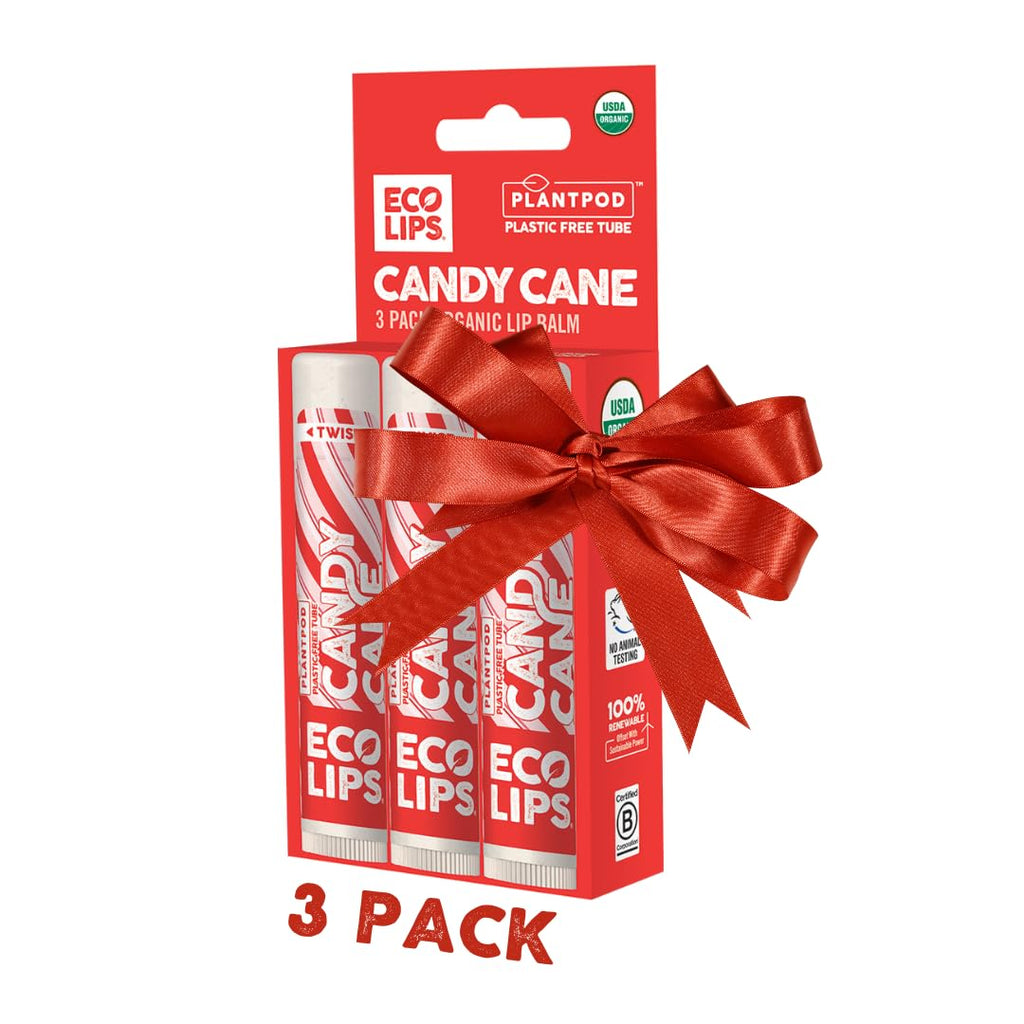 Eco Lips Candy Cane Lip Balm - Organic Coconut Oil & Sunflower Wax - Plastic-Free Plant Pod - Made in USA