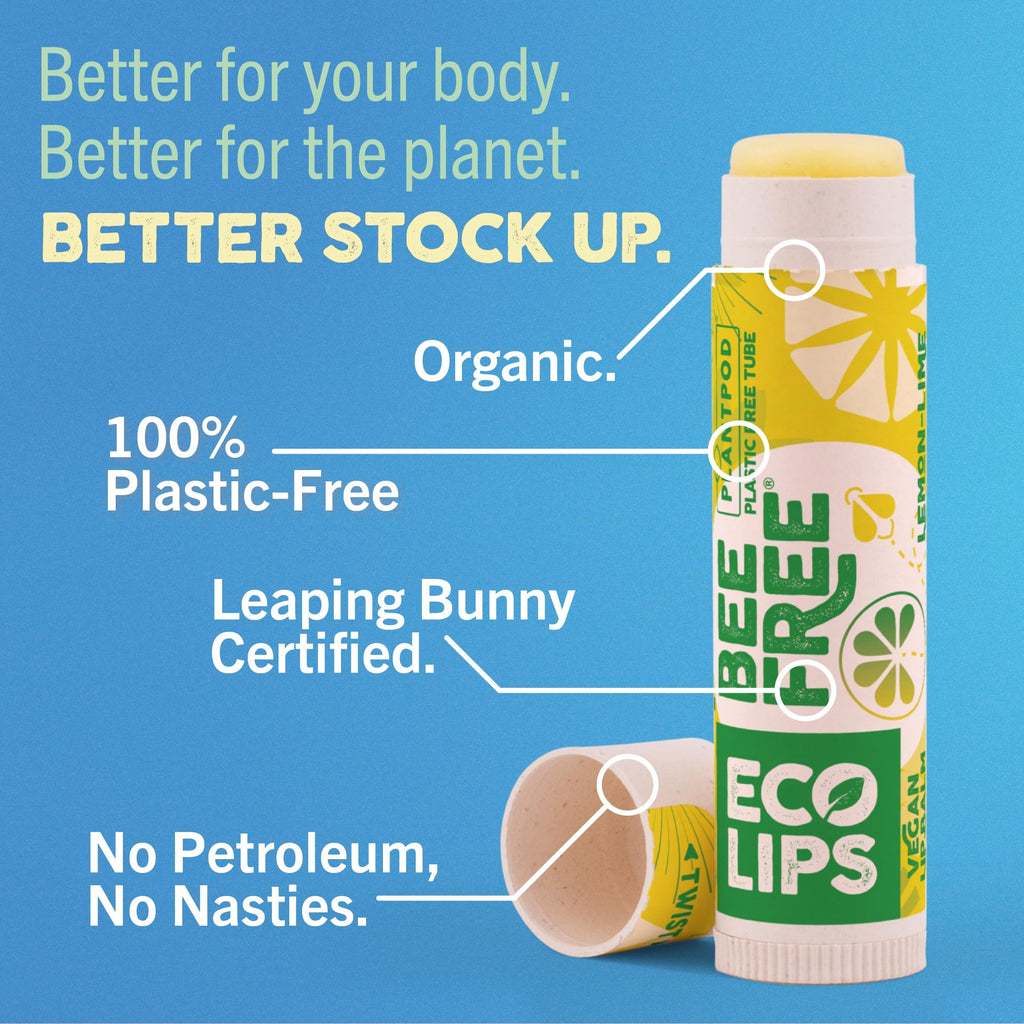Eco Lips Lemon Lime Lip Balm 3 Pack – Bee Free with Candelilla Wax, Cocoa Butter & Coconut Oil | Plastic-Free Plant Pod Packaging | Made in USA