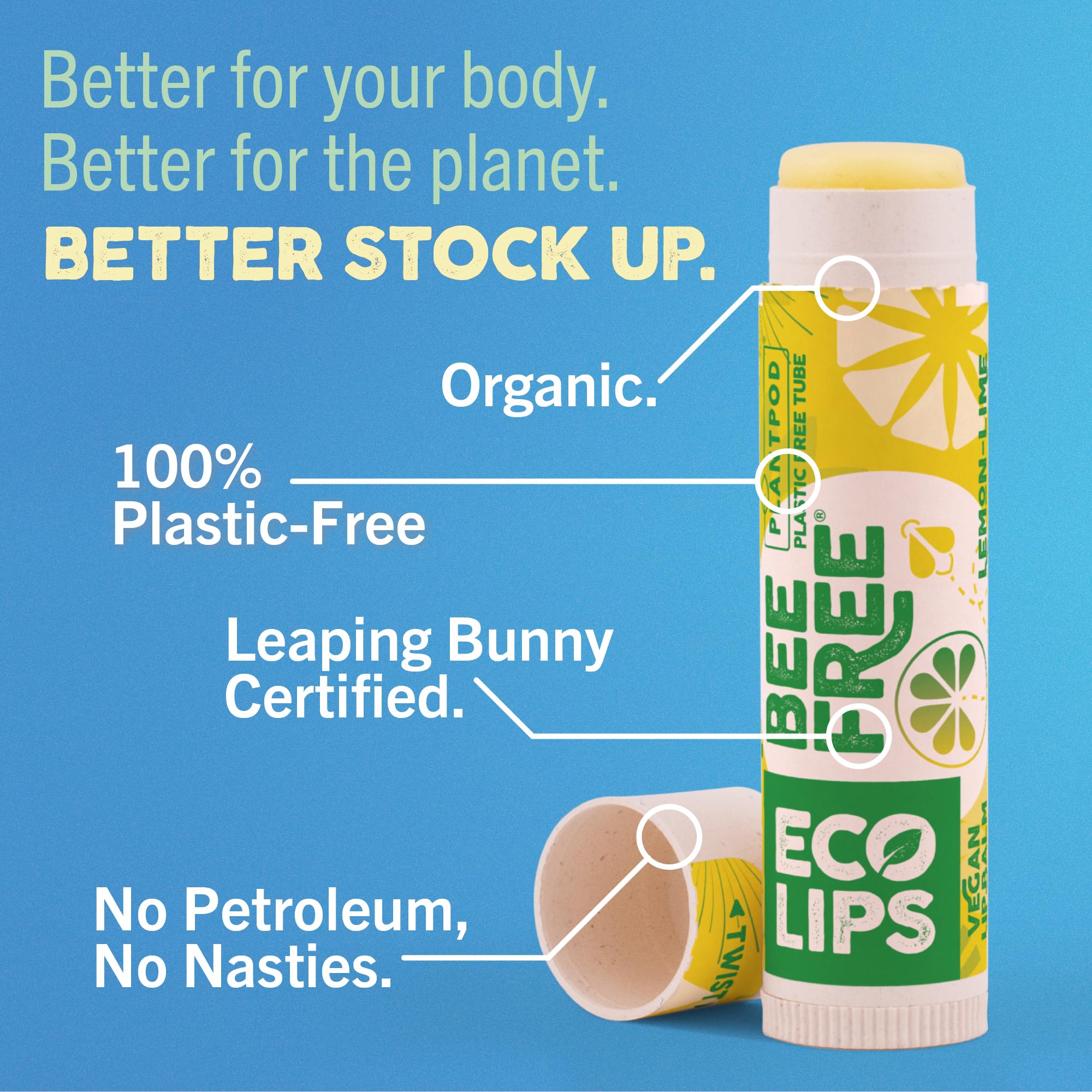 Eco Lips Lemon Lime Lip Balm 3 Pack – Bee Free with Candelilla Wax, Cocoa Butter & Coconut Oil | Plastic-Free Plant Pod Packaging | Made in USA