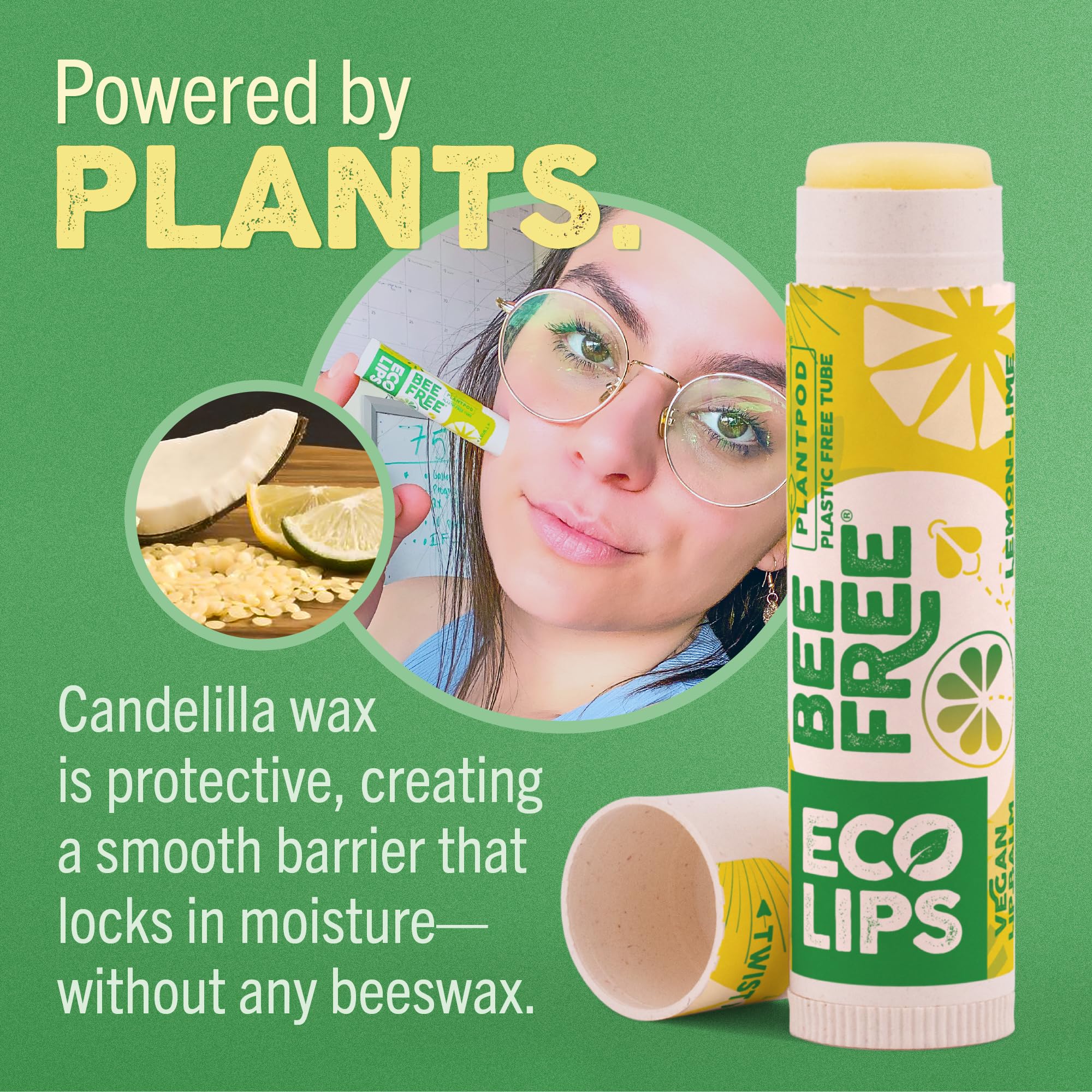 Eco Lips Lemon Lime Lip Balm 3 Pack – Bee Free with Candelilla Wax, Cocoa Butter & Coconut Oil | Plastic-Free Plant Pod Packaging | Made in USA