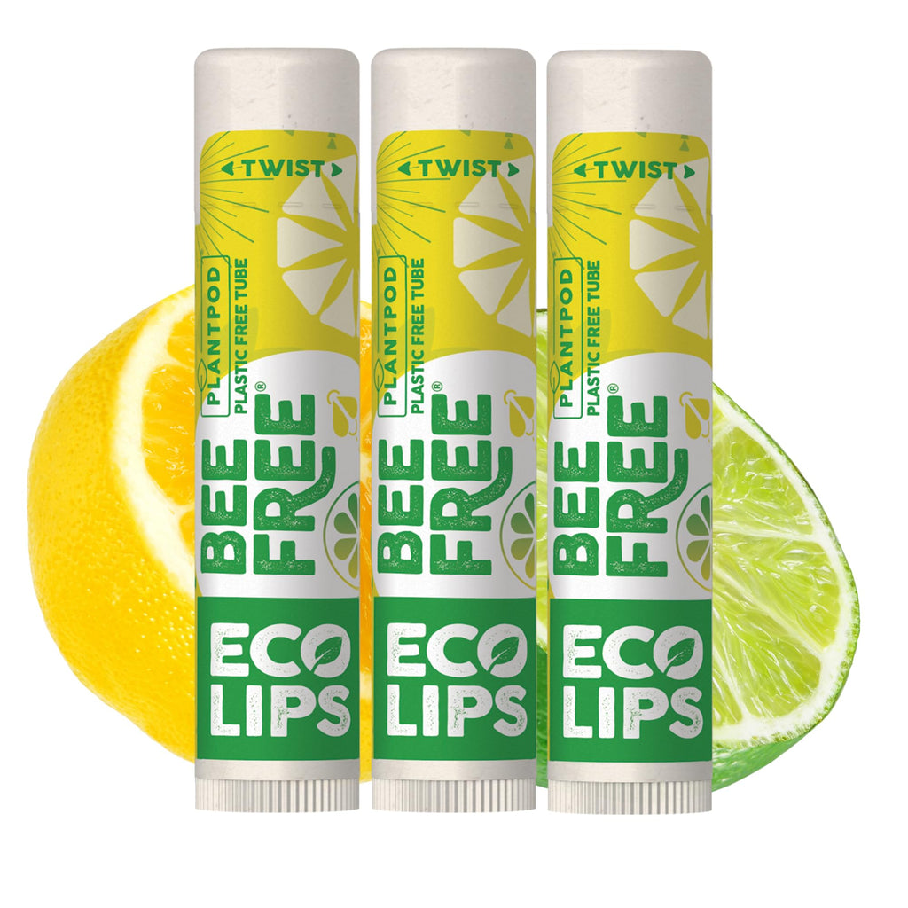 Eco Lips Lemon Lime Lip Balm 3 Pack – Bee Free with Candelilla Wax, Cocoa Butter & Coconut Oil | Plastic-Free Plant Pod Packaging | Made in USA