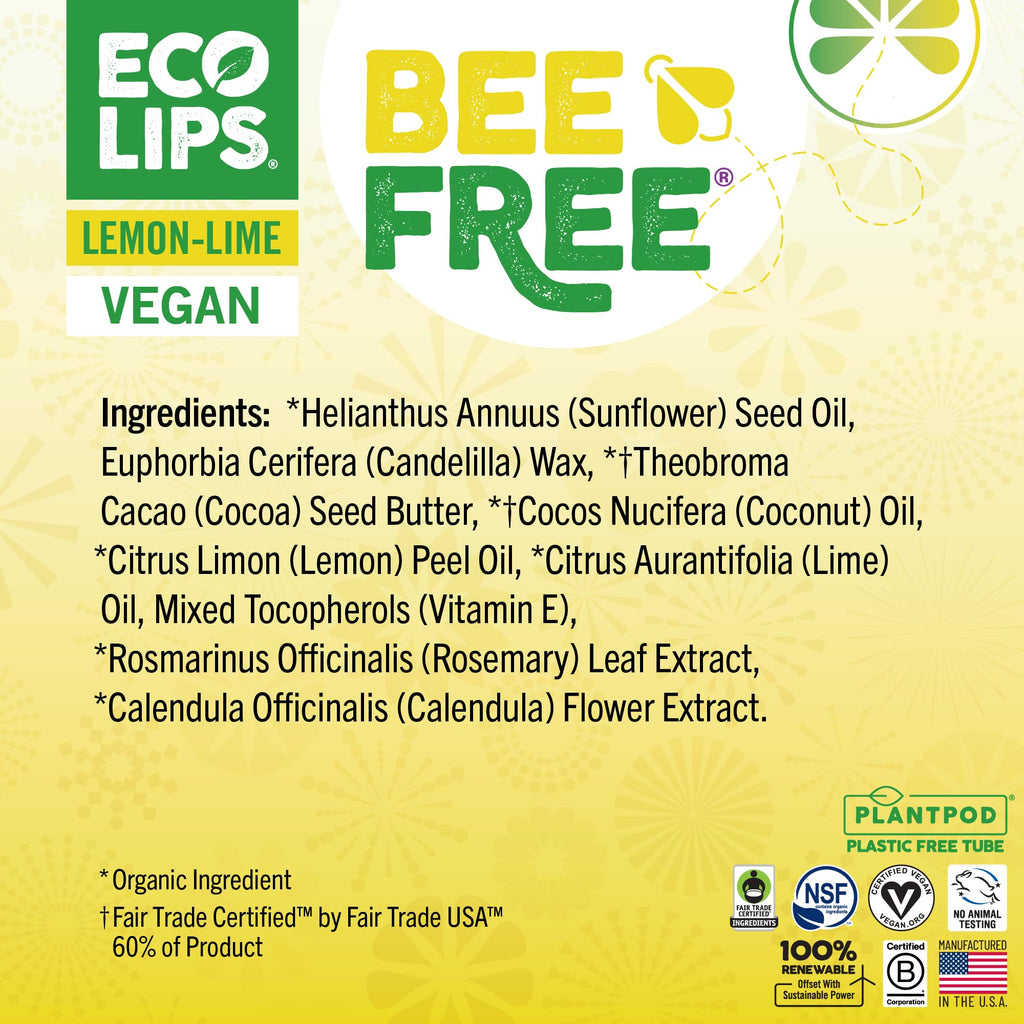 Eco Lips Lemon Lime Lip Balm 3 Pack – Bee Free with Candelilla Wax, Cocoa Butter & Coconut Oil | Plastic-Free Plant Pod Packaging | Made in USA