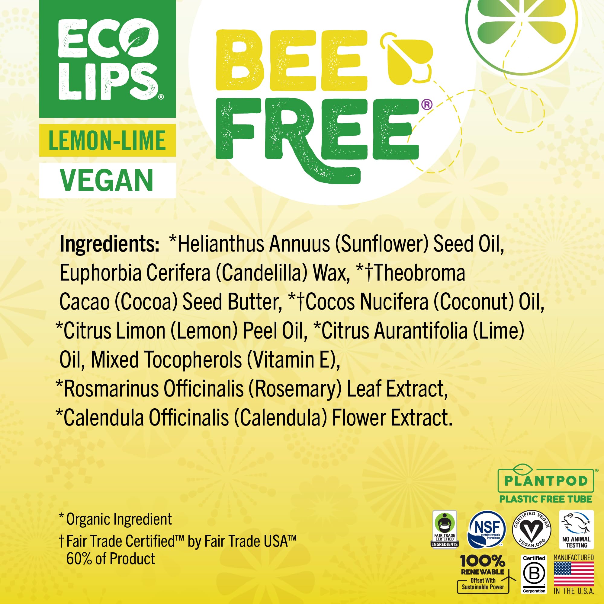 Eco Lips Lemon Lime Lip Balm 3 Pack – Bee Free with Candelilla Wax, Cocoa Butter & Coconut Oil | Plastic-Free Plant Pod Packaging | Made in USA