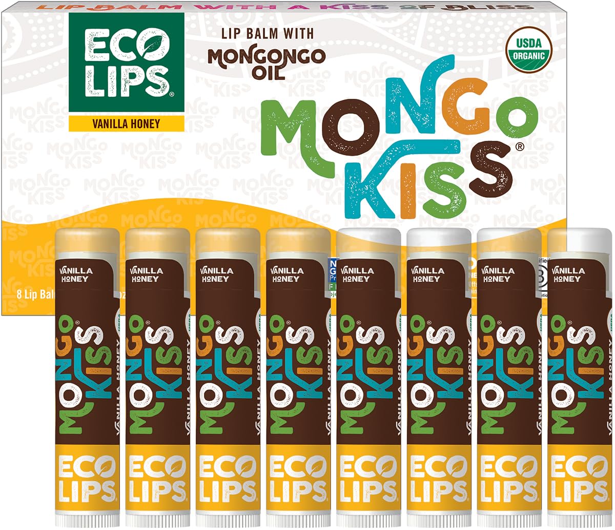 Eco Lips Mongo Kiss USDA Organic Lip Balm Set — 8-Pack, Honey Vanilla, 0.15 oz Each, Made in USA