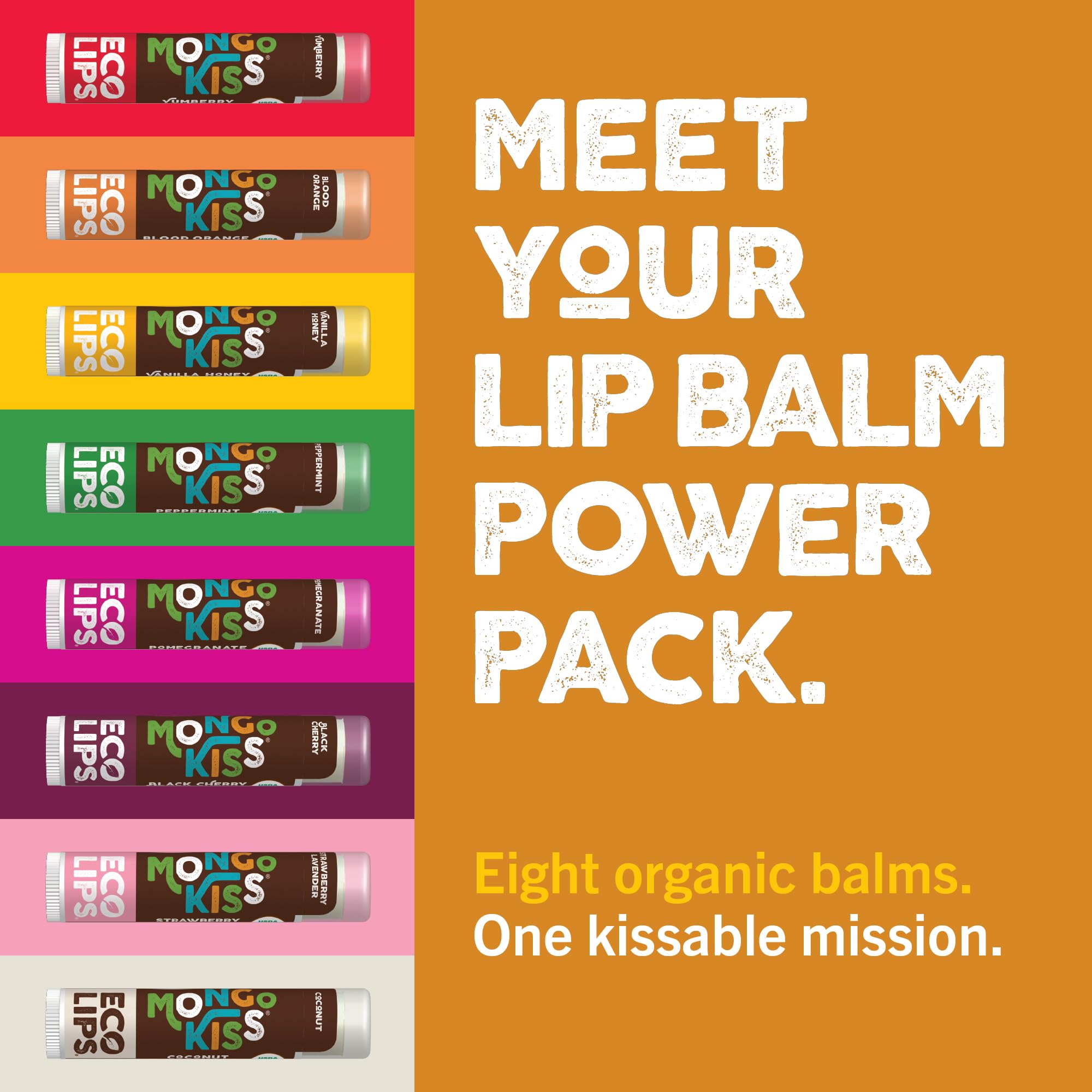 Eco Lips Mongo Kiss USDA Organic Lip Balm Set — 8-Pack, Honey Vanilla, 0.15 oz Each, Made in USA