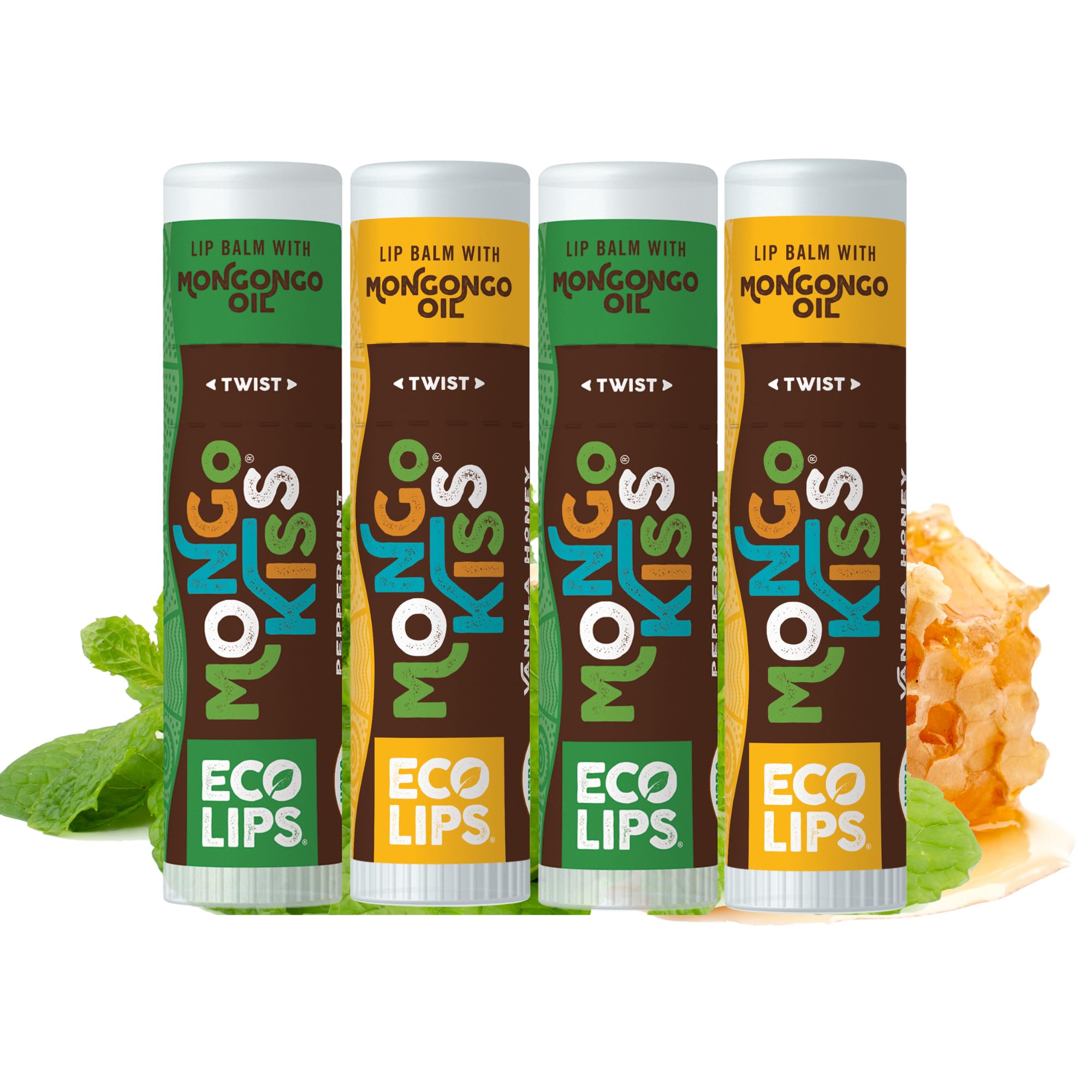 Eco Lips Mongo Kiss Organic Lip Balm 4 Pack – 100% USDA Organic – Peppermint & Vanilla Honey